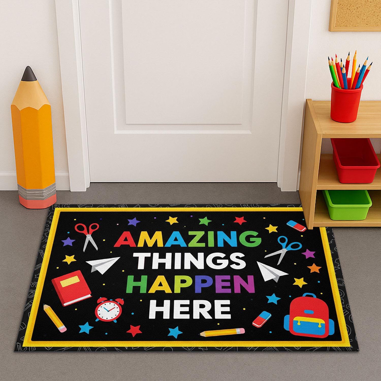 Colorful Classroom Doormat - “Amazing Things Happen Here” Rug for Teachers, Back to School Decor, Welcome Mat for School Entrance