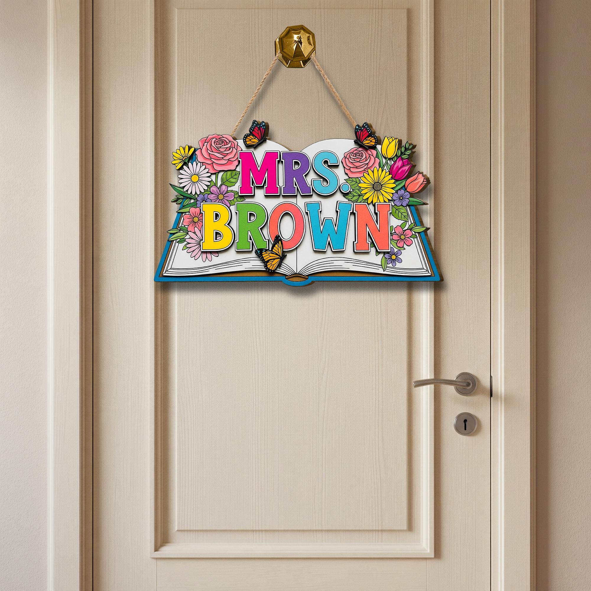 Custom 3D Teacher Door Sign, Wooden Floral Name Plaque, Personalized Classroom Decor, Back To School Decor Gift, Teacher Gift Sign