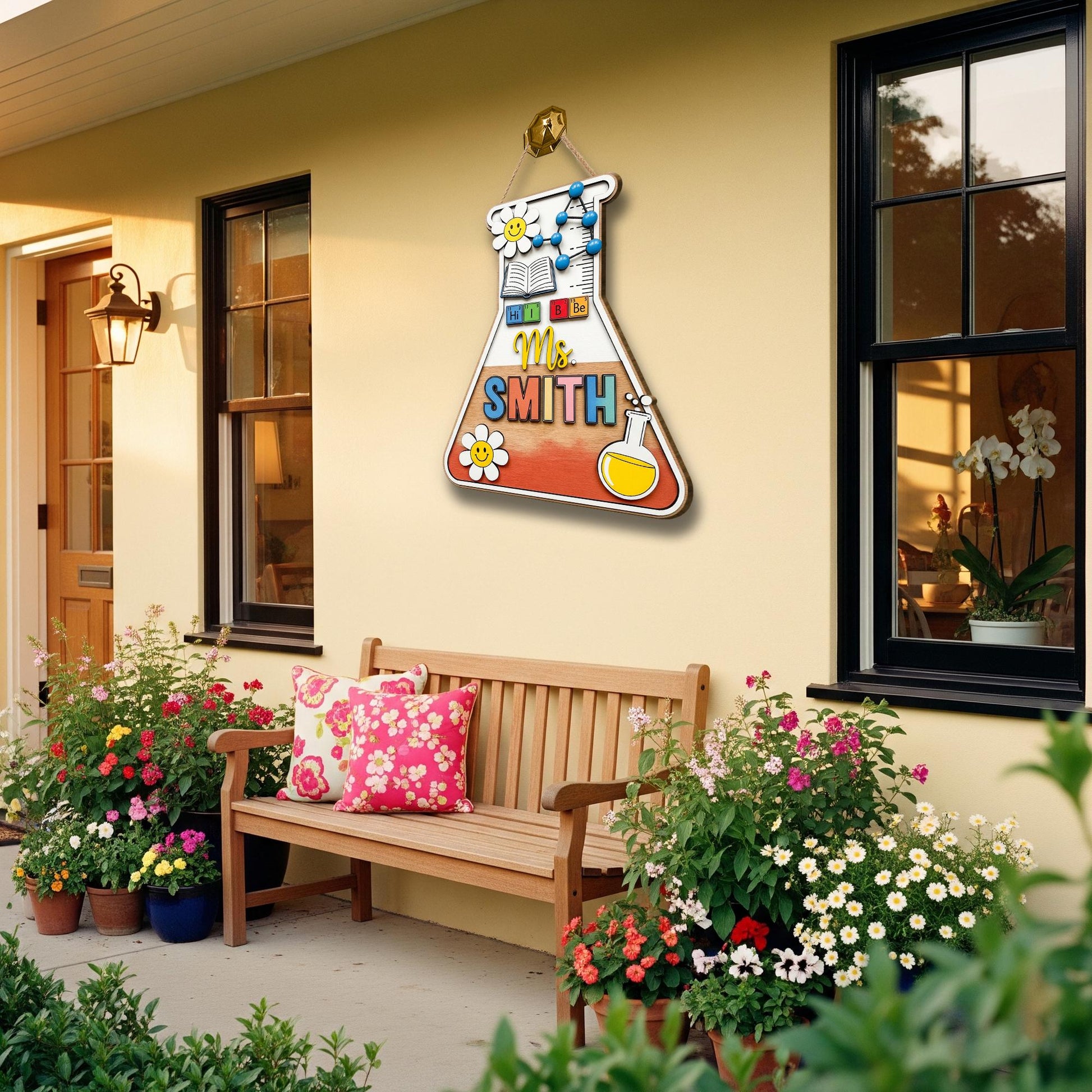 Personalized Science Teacher Door Sign – Beaker Shaped Classroom Wooden Decor – Custom Name STEM Wall Hanging – Cute Back to School Gift