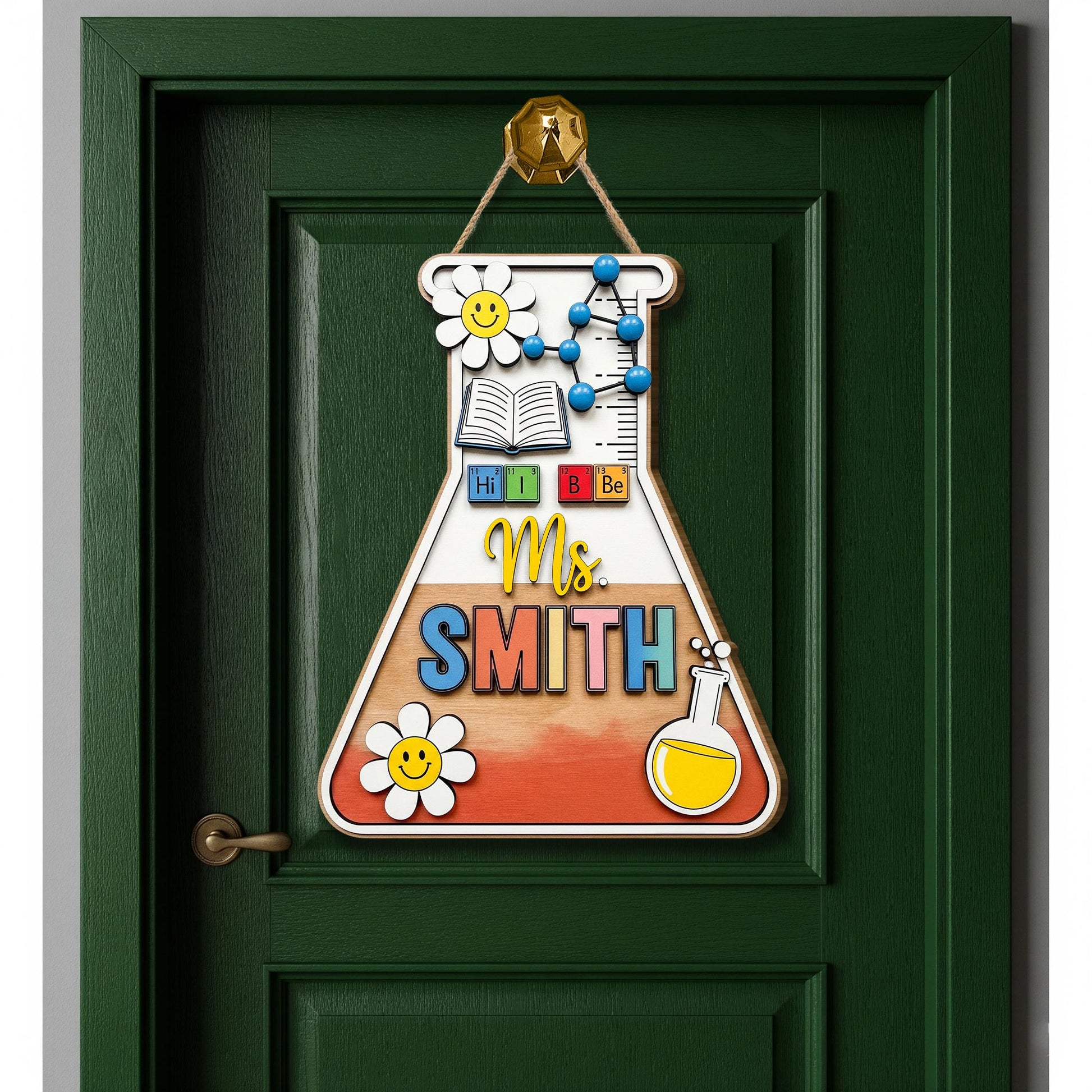 Personalized Science Teacher Door Sign – Beaker Shaped Classroom Wooden Decor – Custom Name STEM Wall Hanging – Cute Back to School Gift