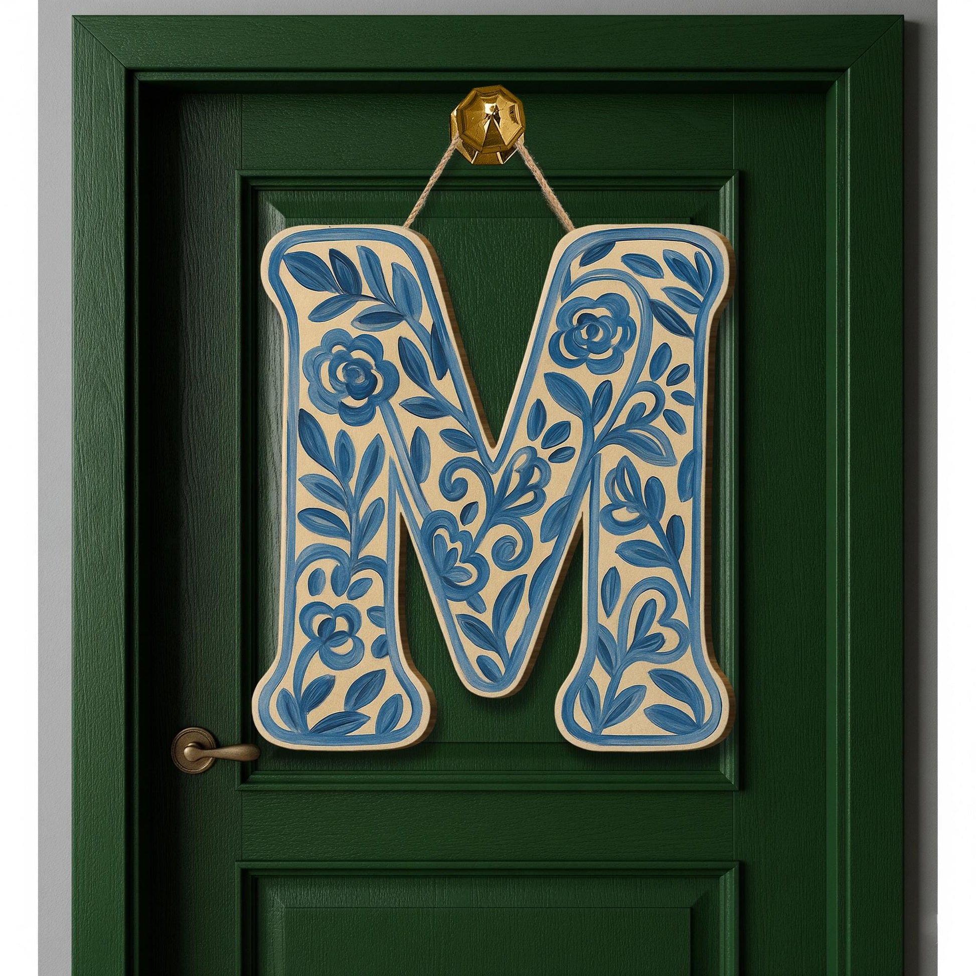 Custom Chinoiserie Monogram Letter Door Hanger, Blue Floral Initial Sign, Personalized Entryway Decor, Cottagecore Porch Gift