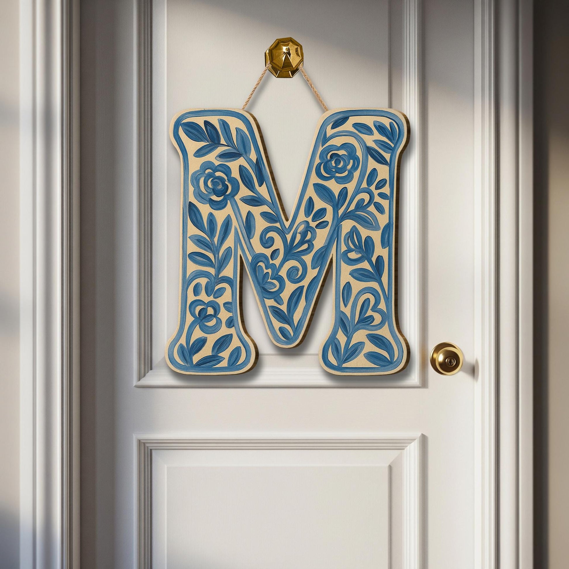 Custom Chinoiserie Monogram Letter Door Hanger, Blue Floral Initial Sign, Personalized Entryway Decor, Cottagecore Porch Gift