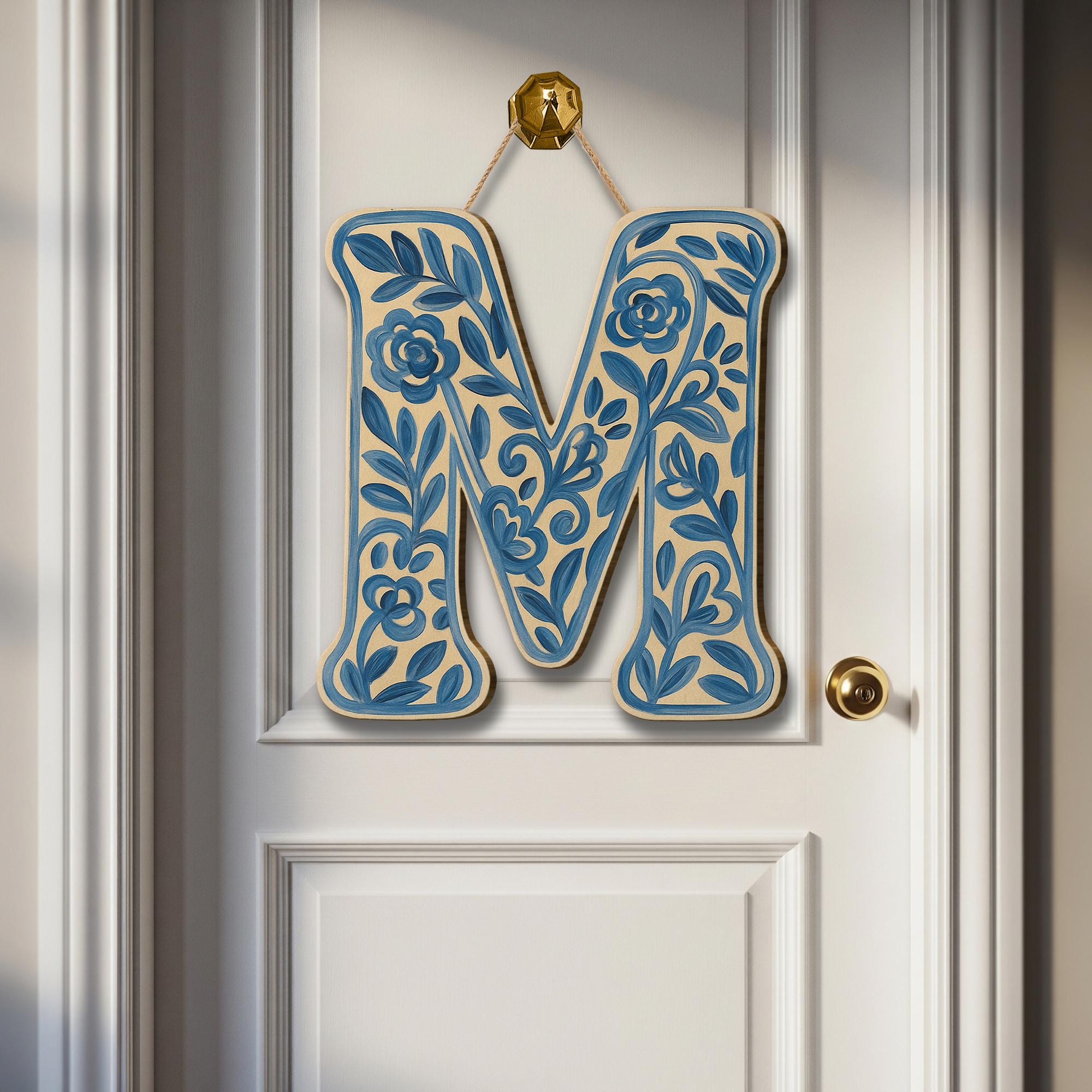 Custom Chinoiserie Monogram Letter Door Hanger, Blue Floral Initial Sign, Personalized Entryway Decor, Cottagecore Porch Gift