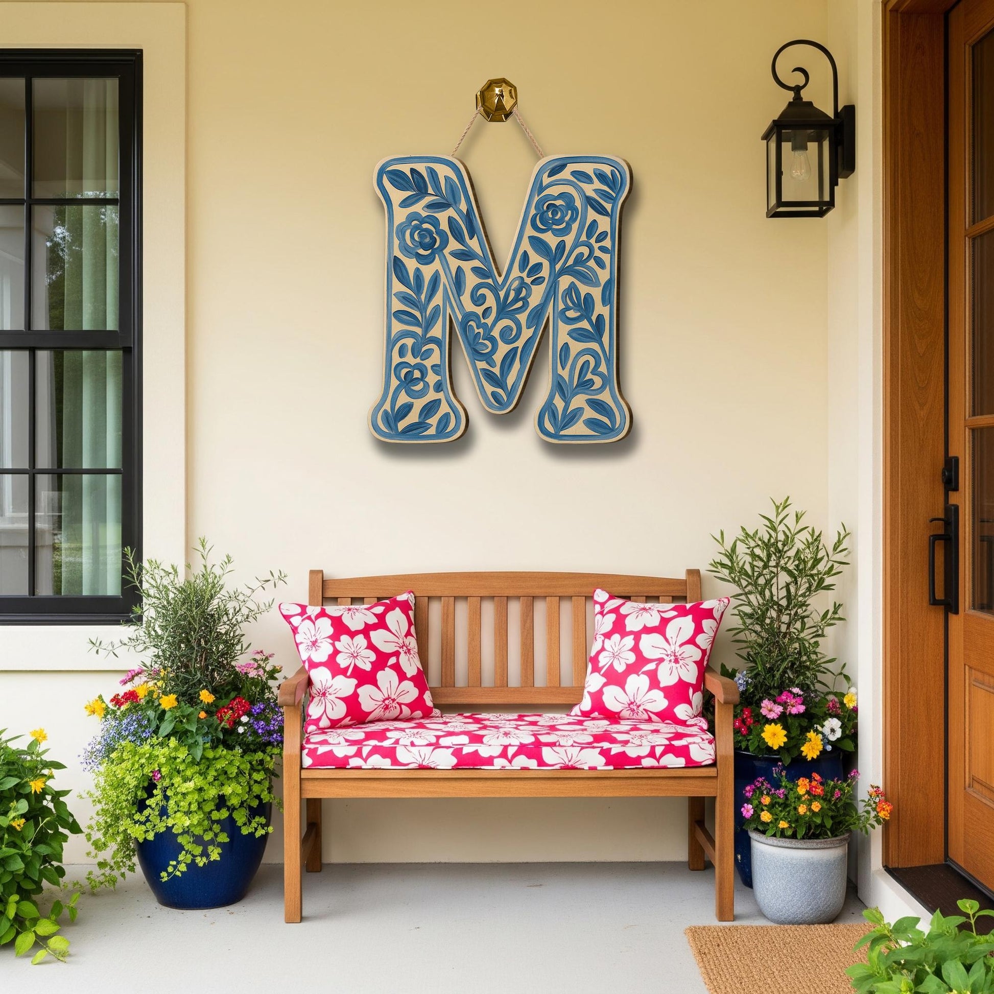 Custom Chinoiserie Monogram Letter Door Hanger, Blue Floral Initial Sign, Personalized Entryway Decor, Cottagecore Porch Gift