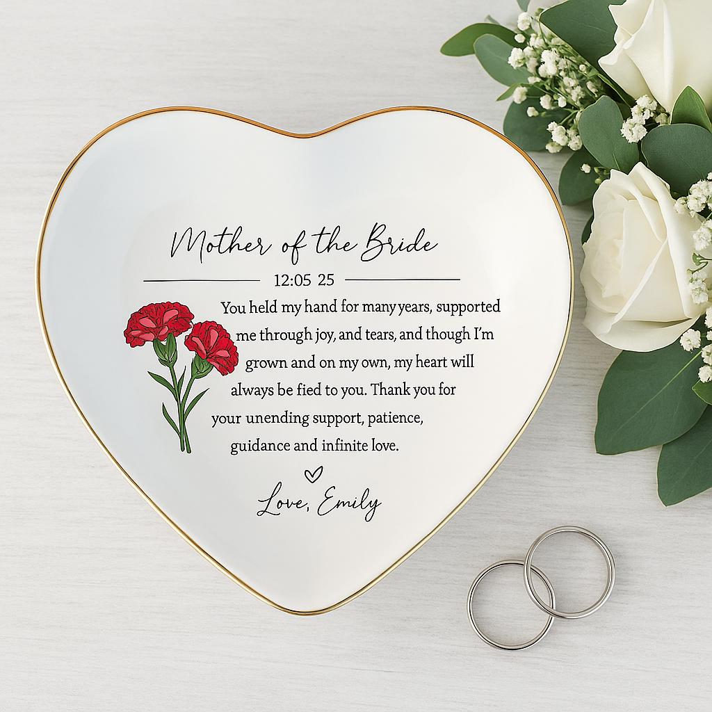 Custom Birth Flower Ceramic Jewelry Tray, Mother of the Bride Gift, Heart Wedding Ring Tray with Message, Personalized Floral Keepsake