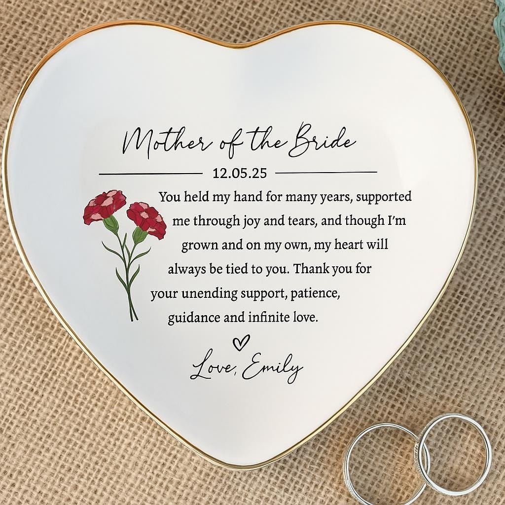 Custom Birth Flower Ceramic Jewelry Tray, Mother of the Bride Gift, Heart Wedding Ring Tray with Message, Personalized Floral Keepsake