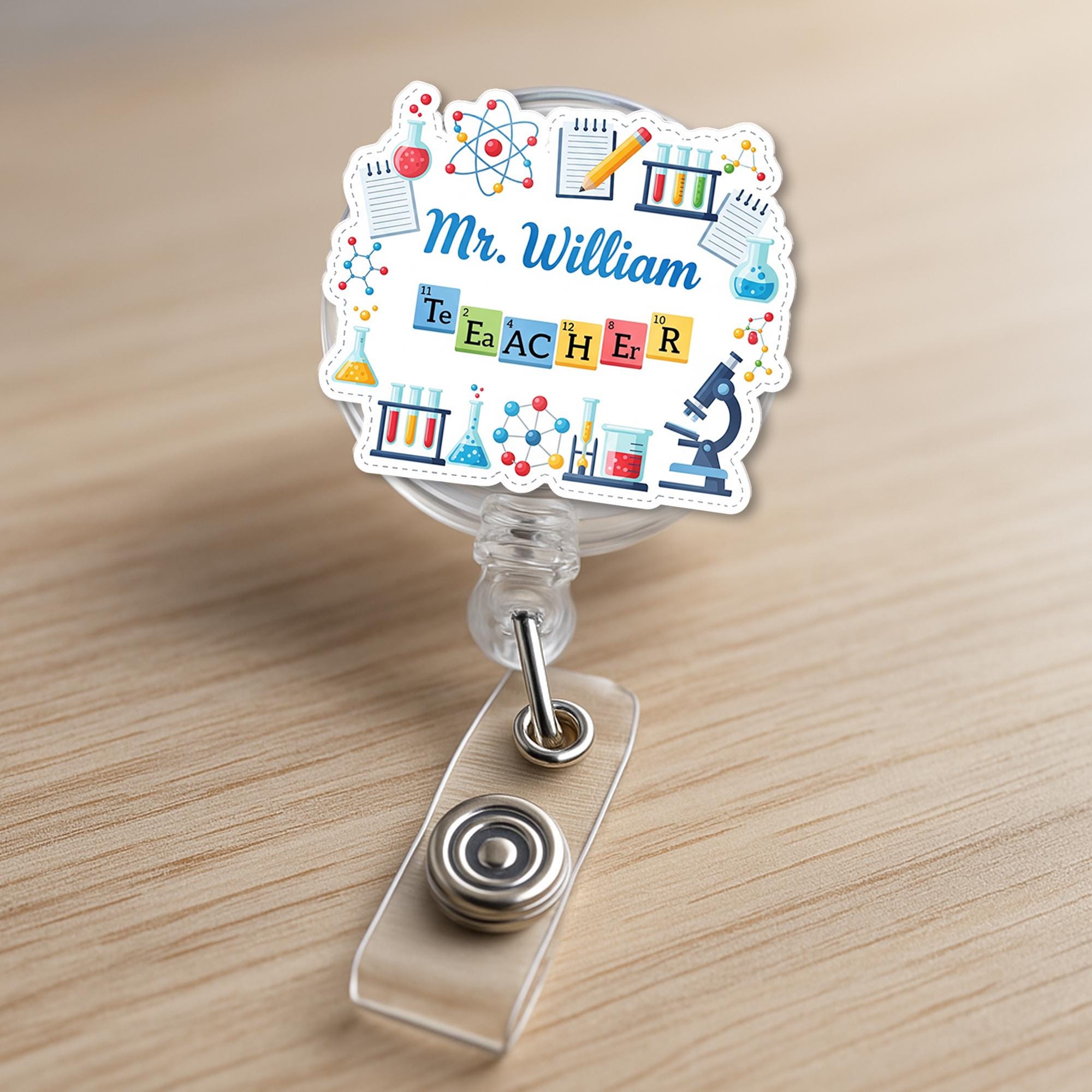Personalized Science Teacher Badge Reel | Custom Name ID Holder with Chemistry Icons | Back to School Gift for STEM Educators, Teachers