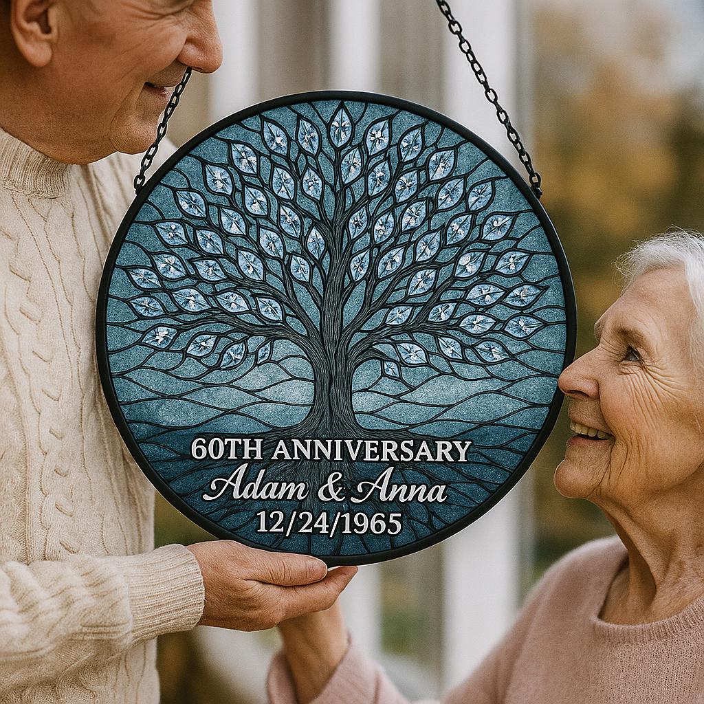 Custom Anniversary Tree Suncatcher, Personalized Glass Gift, 60th Wedding Keepsake, Family Tree Window Decor with Names