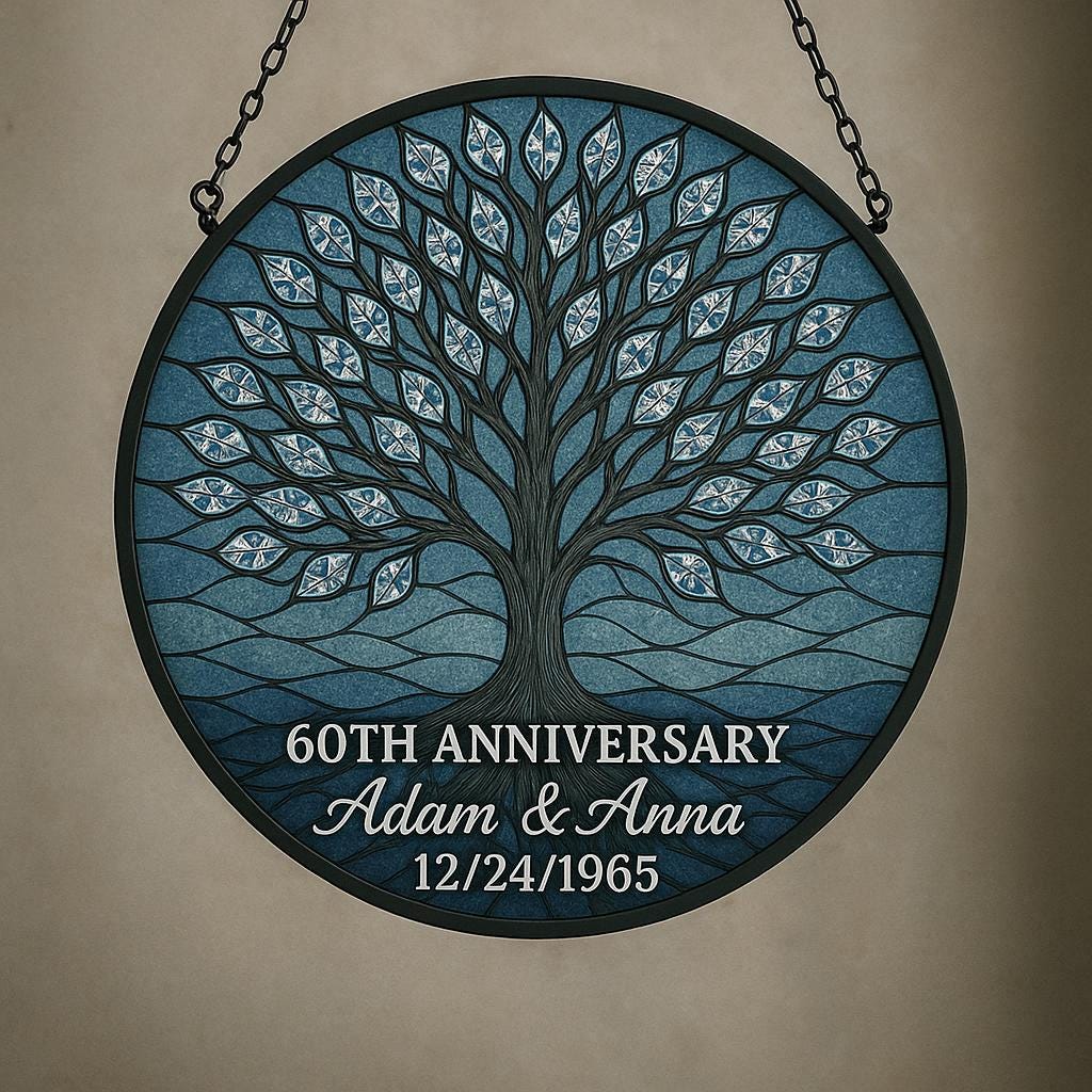 Custom Anniversary Tree Suncatcher, Personalized Glass Gift, 60th Wedding Keepsake, Family Tree Window Decor with Names