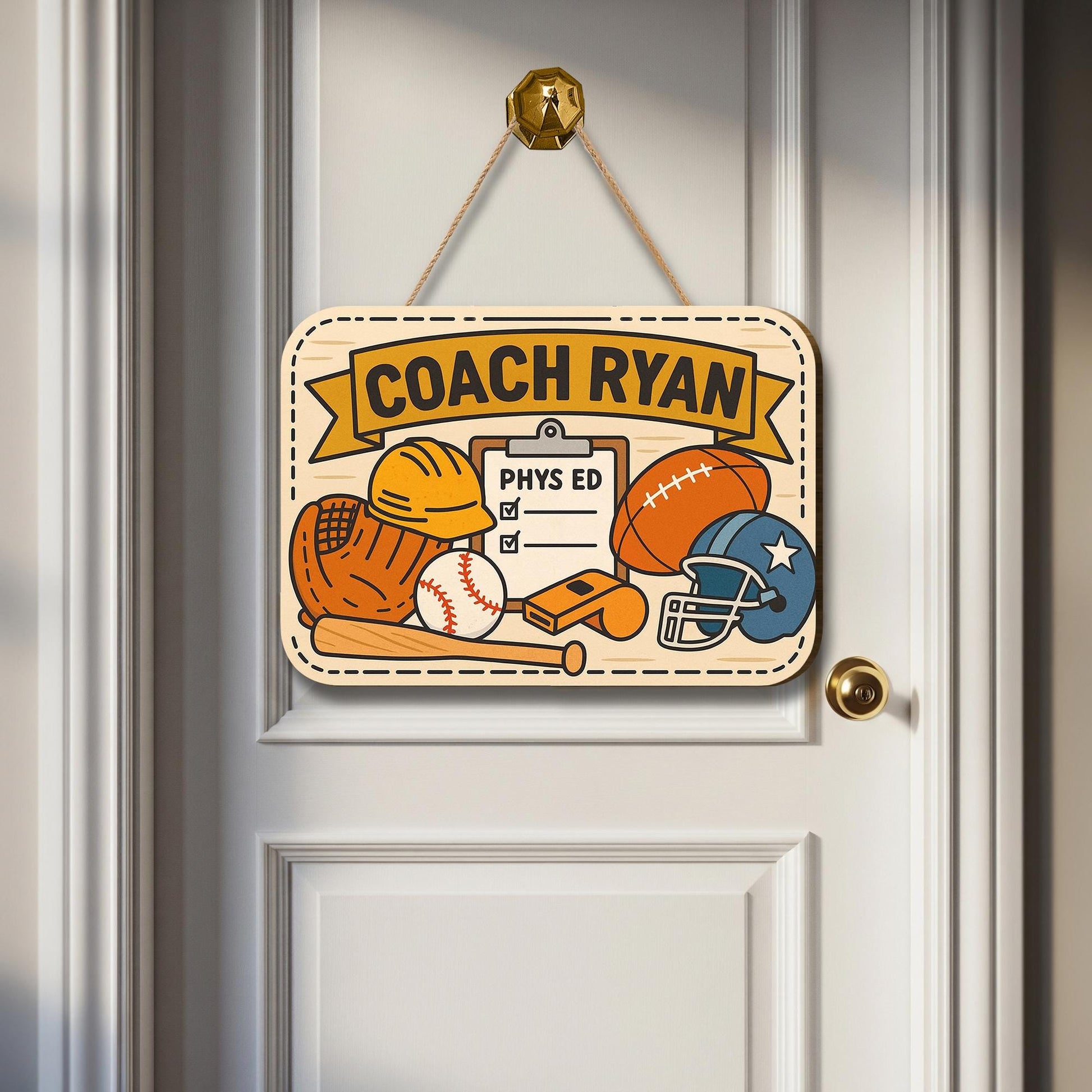 Personalized Coach PE Door Sign | Sports Theme Classroom Decor for Phys Ed Teacher | Custom Athletic Office Wall Sign, Back To School Decor