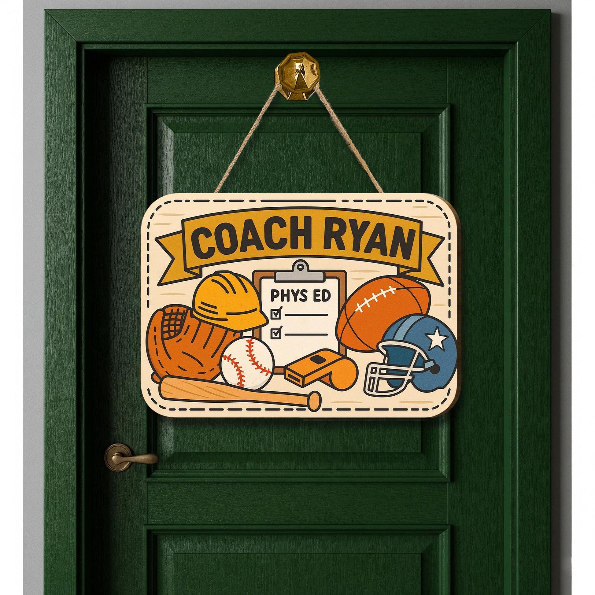 Personalized Coach PE Door Sign | Sports Theme Classroom Decor for Phys Ed Teacher | Custom Athletic Office Wall Sign, Back To School Decor