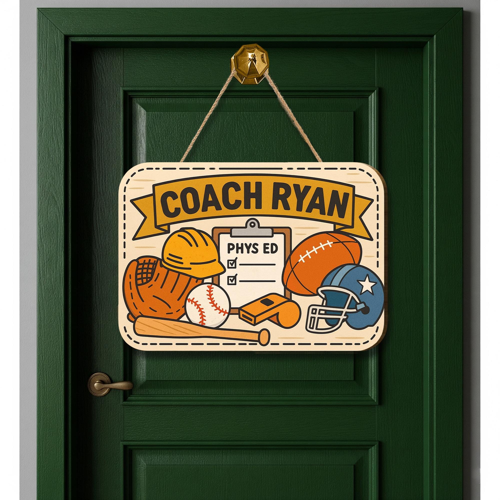 Personalized Coach PE Door Sign | Sports Theme Classroom Decor for Phys Ed Teacher | Custom Athletic Office Wall Sign, Back To School Decor