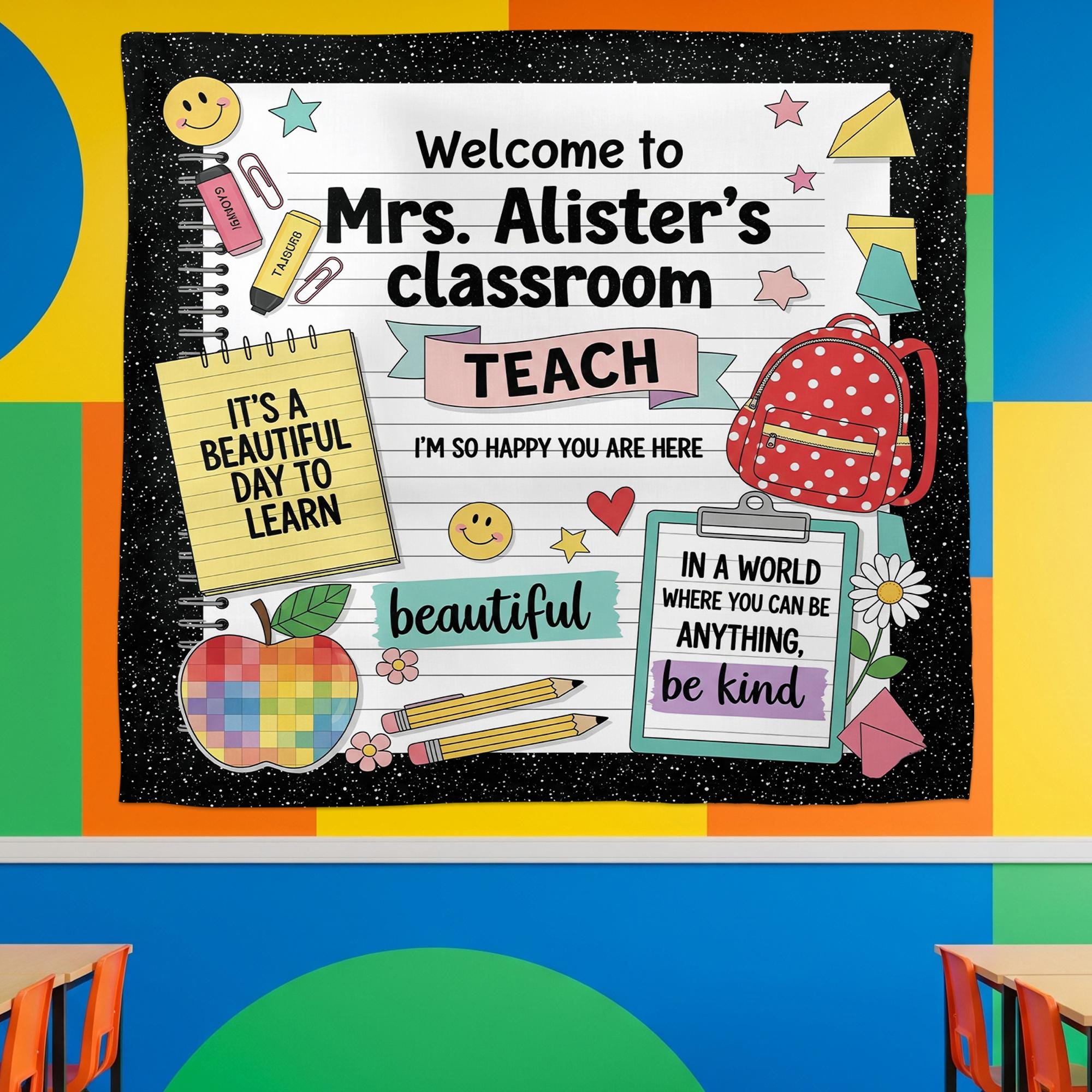 Custom Classroom Tapestry, Teacher Name Wall Decor, Back to School Sign,Personalized Teacher Gift,Cute Classroom Banner,Classroom Wall Decor