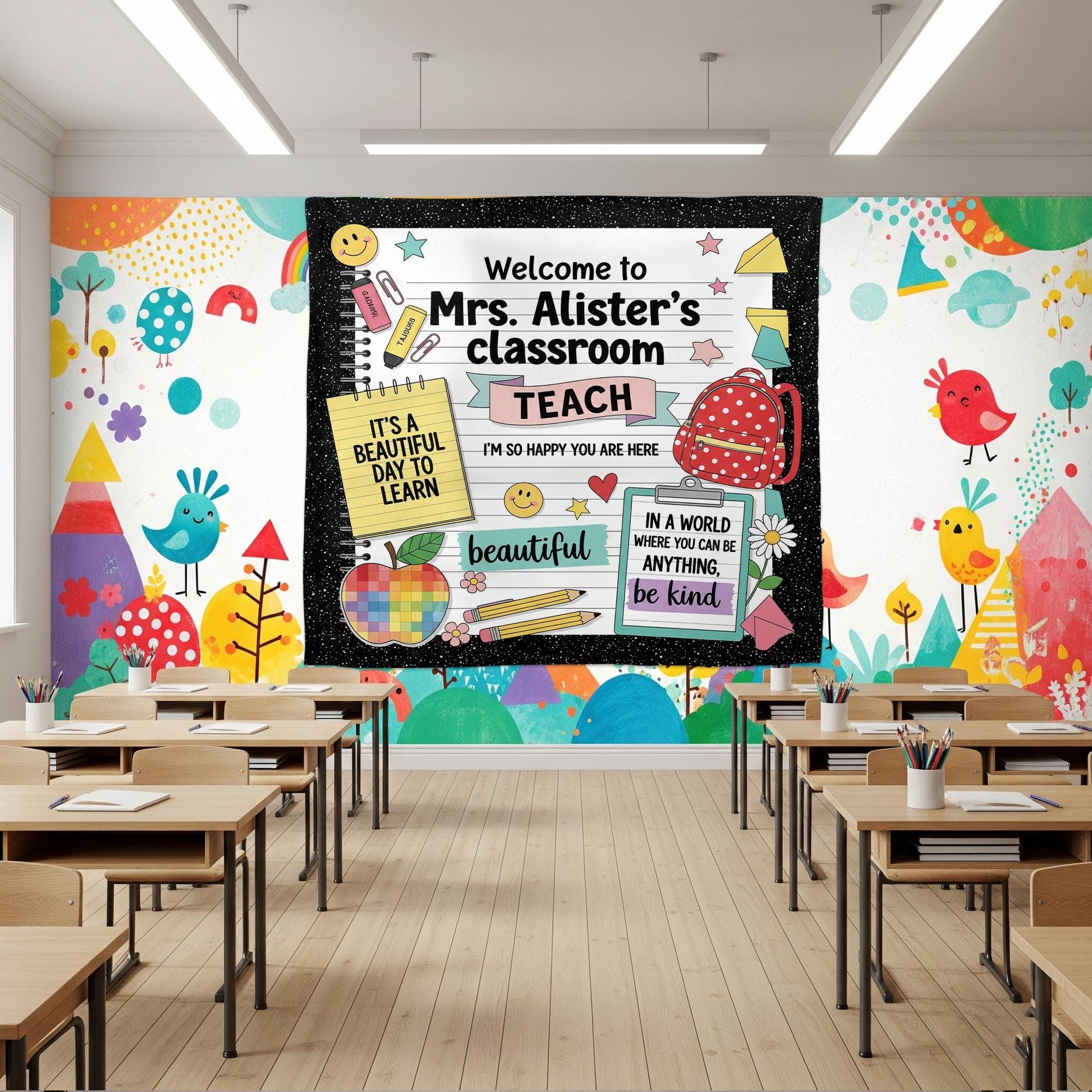 Custom Classroom Tapestry, Teacher Name Wall Decor, Back to School Sign,Personalized Teacher Gift,Cute Classroom Banner,Classroom Wall Decor