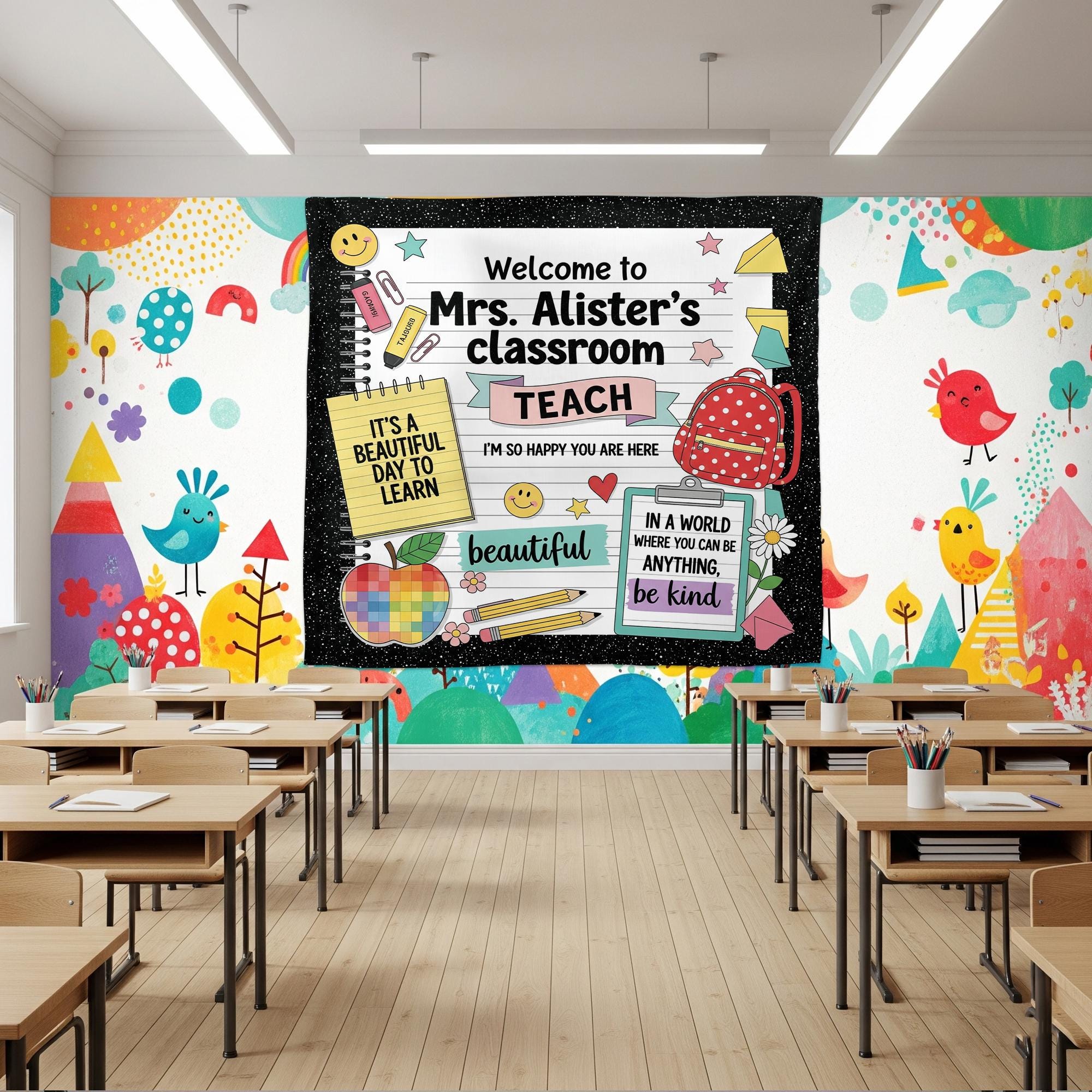Custom Classroom Tapestry, Teacher Name Wall Decor, Back to School Sign,Personalized Teacher Gift,Cute Classroom Banner,Classroom Wall Decor