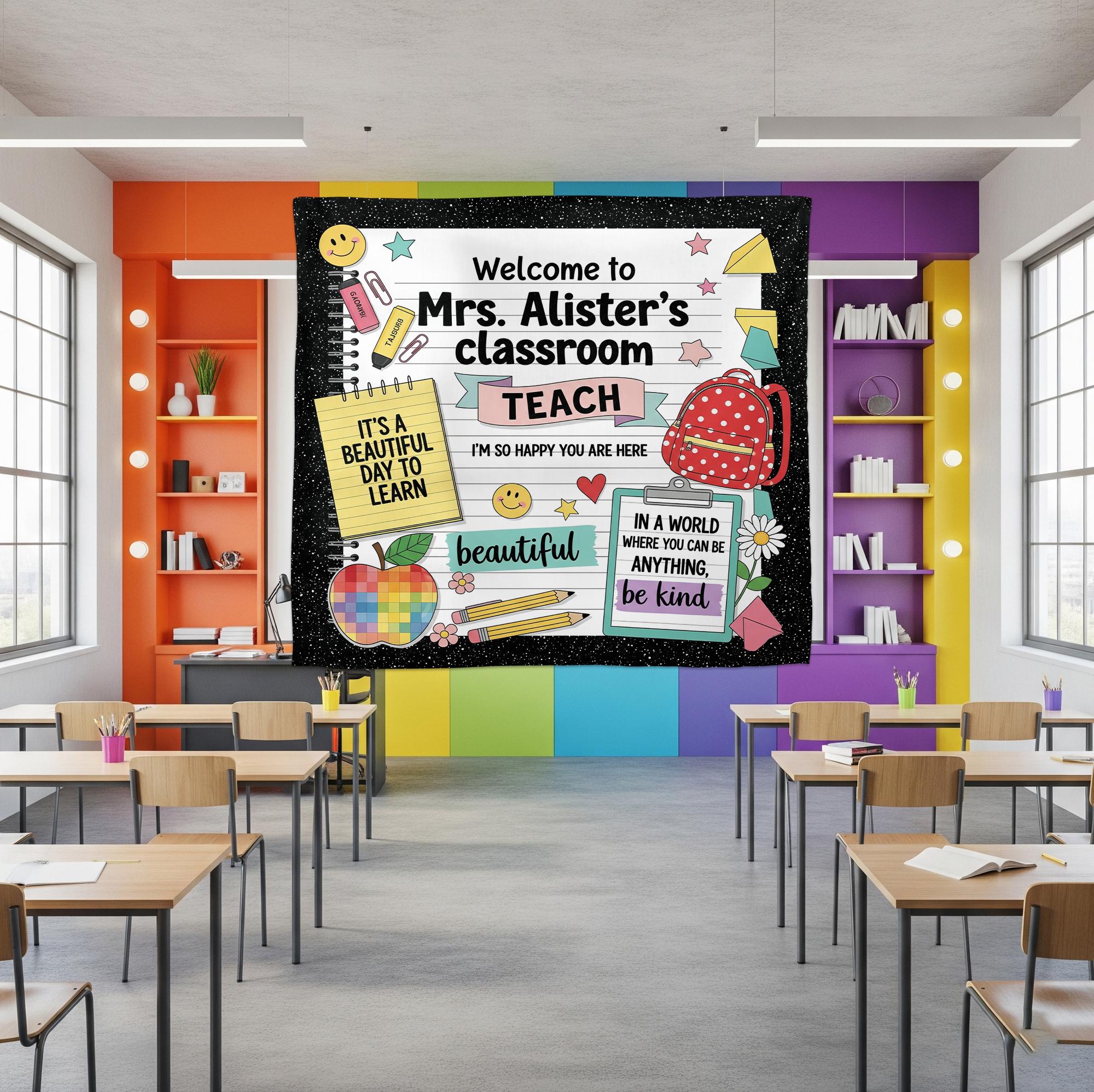 Custom Classroom Tapestry, Teacher Name Wall Decor, Back to School Sign,Personalized Teacher Gift,Cute Classroom Banner,Classroom Wall Decor