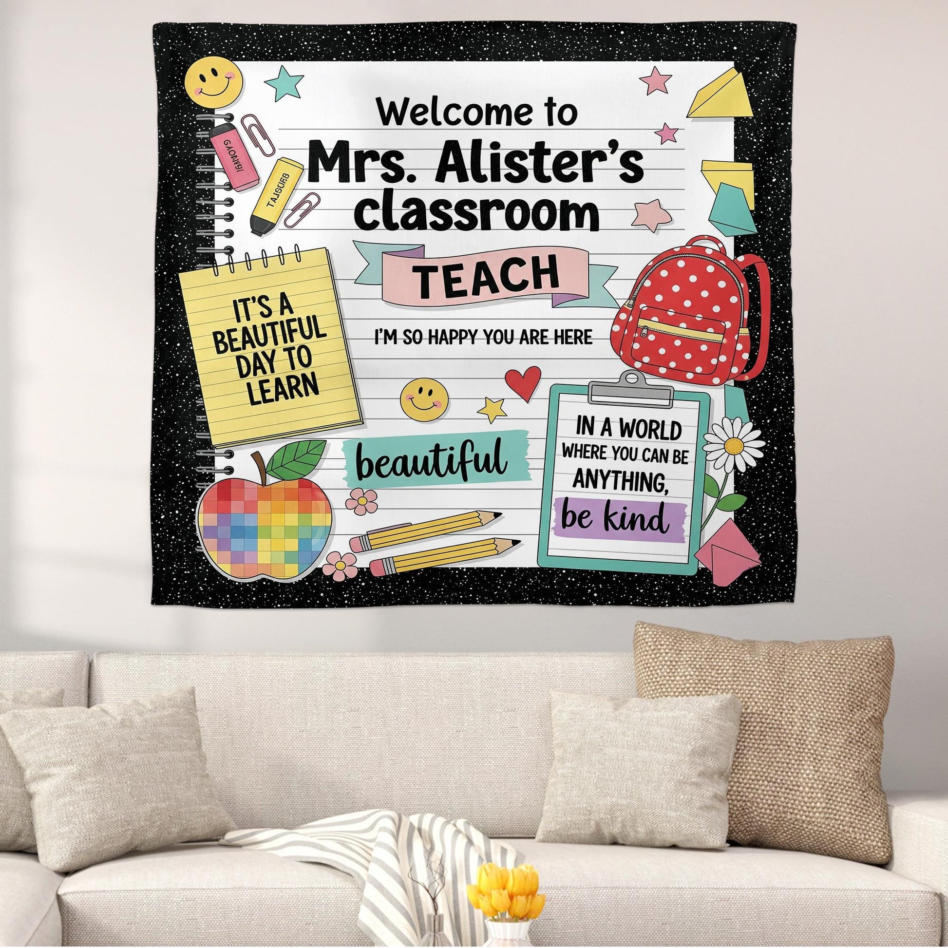 Custom Classroom Tapestry, Teacher Name Wall Decor, Back to School Sign,Personalized Teacher Gift,Cute Classroom Banner,Classroom Wall Decor