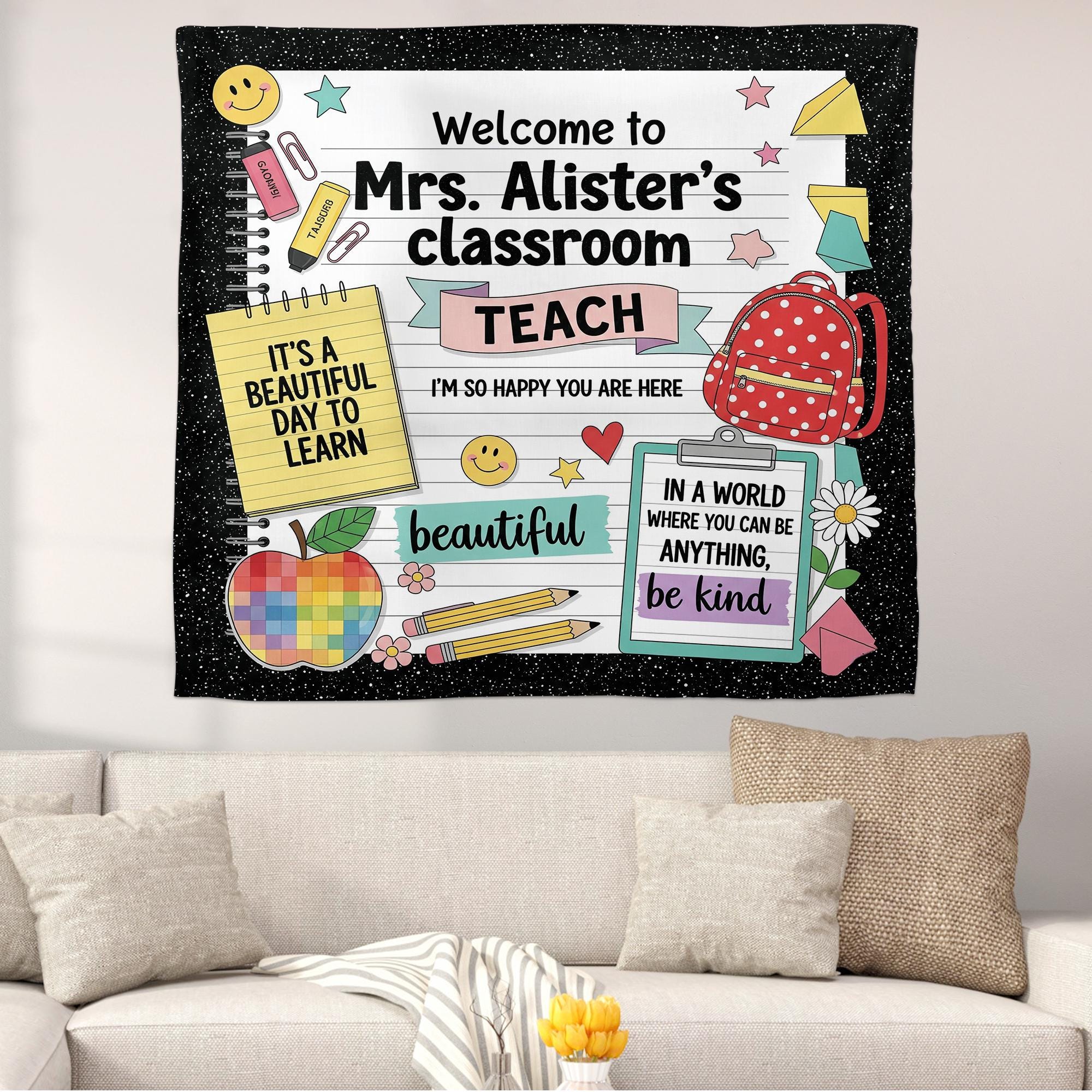 Custom Classroom Tapestry, Teacher Name Wall Decor, Back to School Sign,Personalized Teacher Gift,Cute Classroom Banner,Classroom Wall Decor