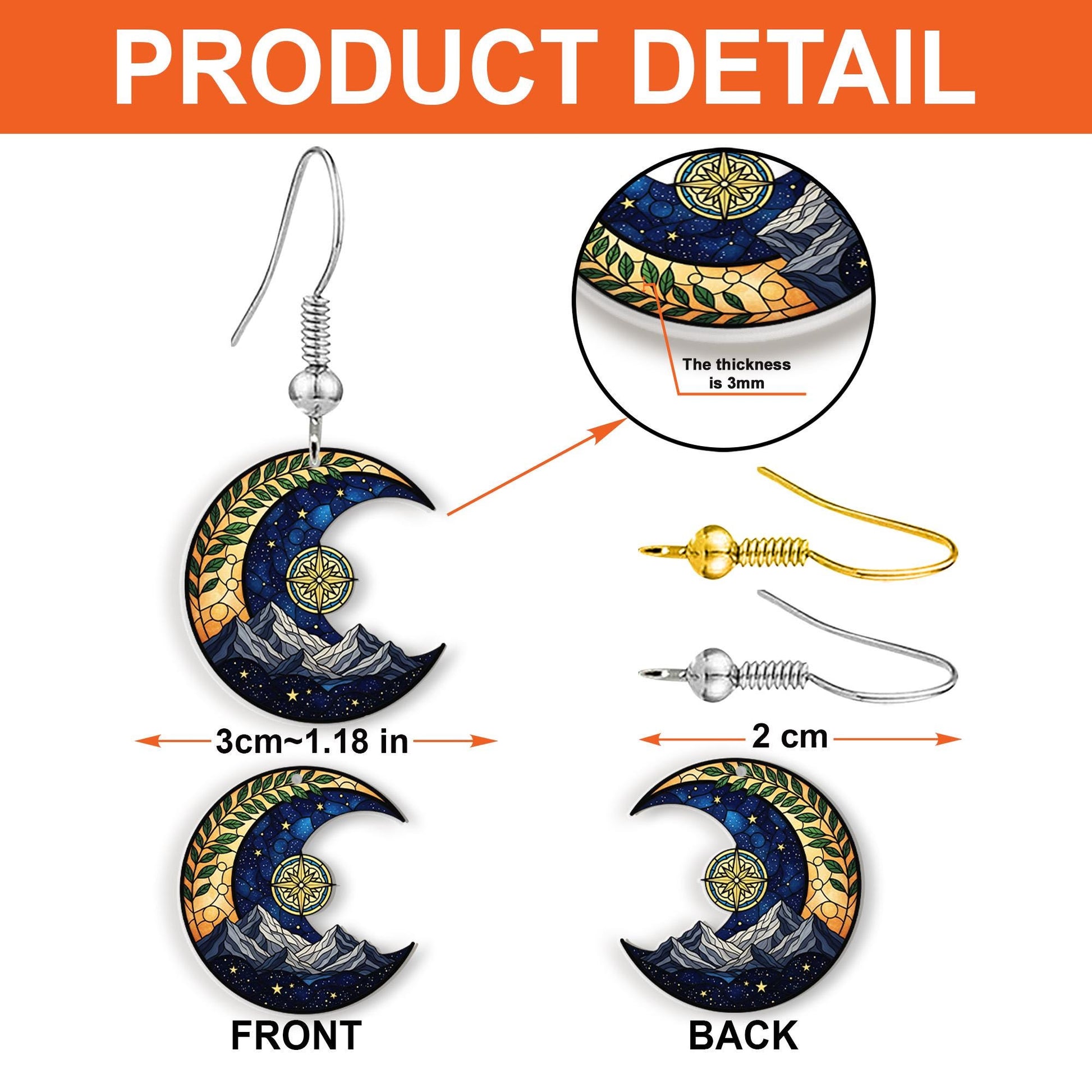 Crescent Moon Mountain Earrings – Night Sky Compass Dangle Jewelry, Nature Lover Gift, Faux Stained Glass Starry Boho Accessories