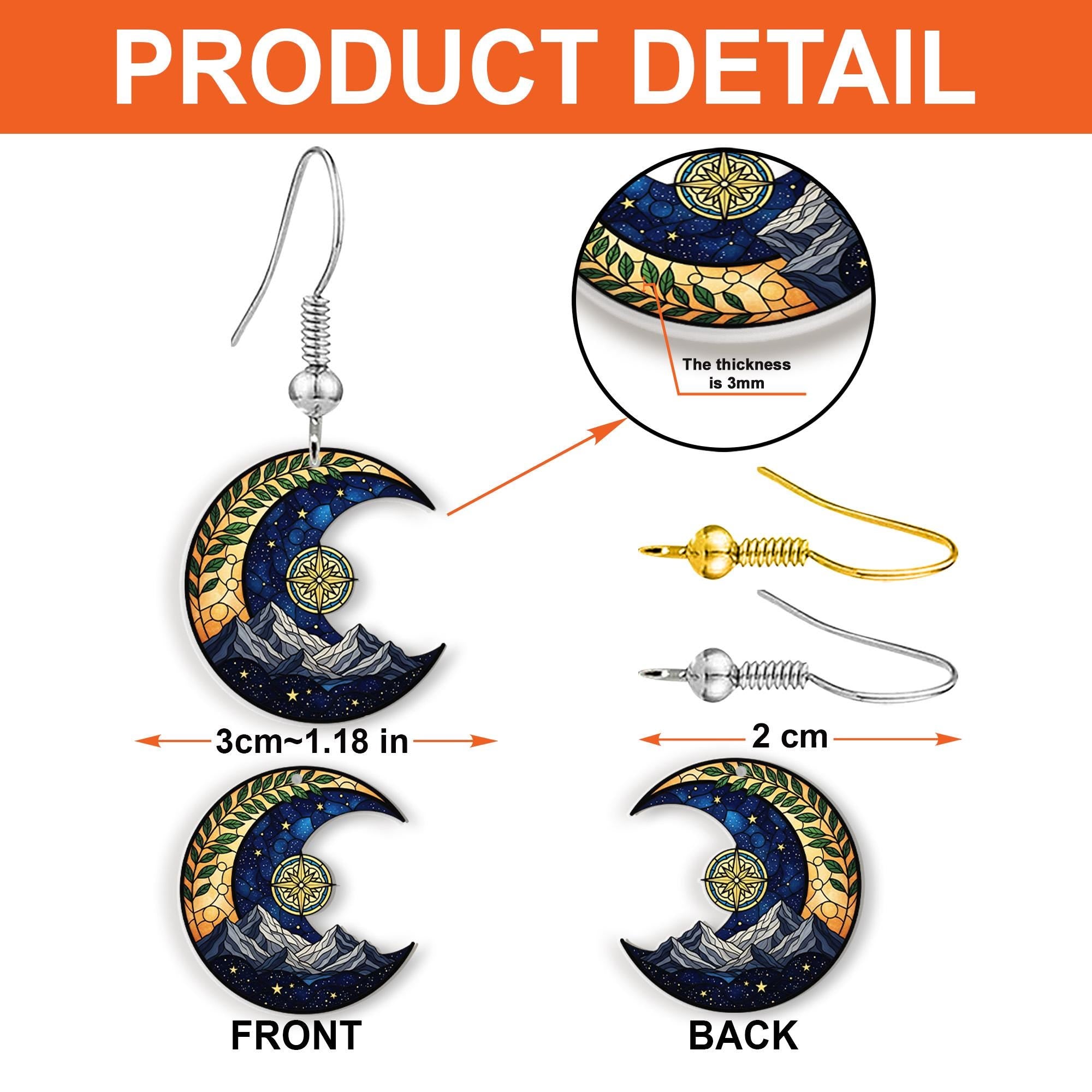 Crescent Moon Mountain Earrings – Night Sky Compass Dangle Jewelry, Nature Lover Gift, Faux Stained Glass Starry Boho Accessories