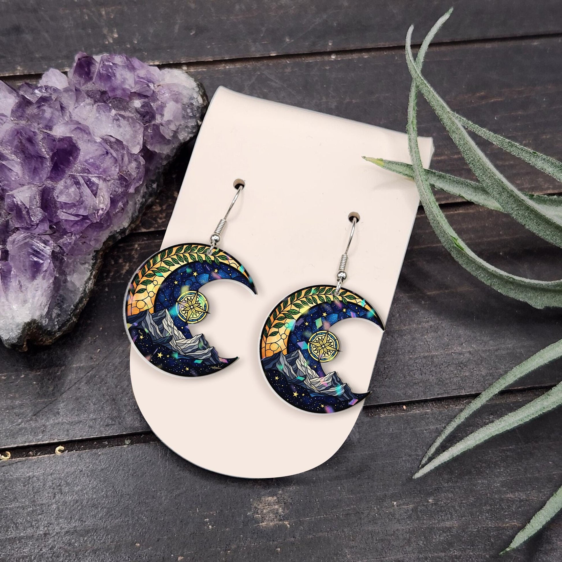 Crescent Moon Mountain Earrings – Night Sky Compass Dangle Jewelry, Nature Lover Gift, Faux Stained Glass Starry Boho Accessories