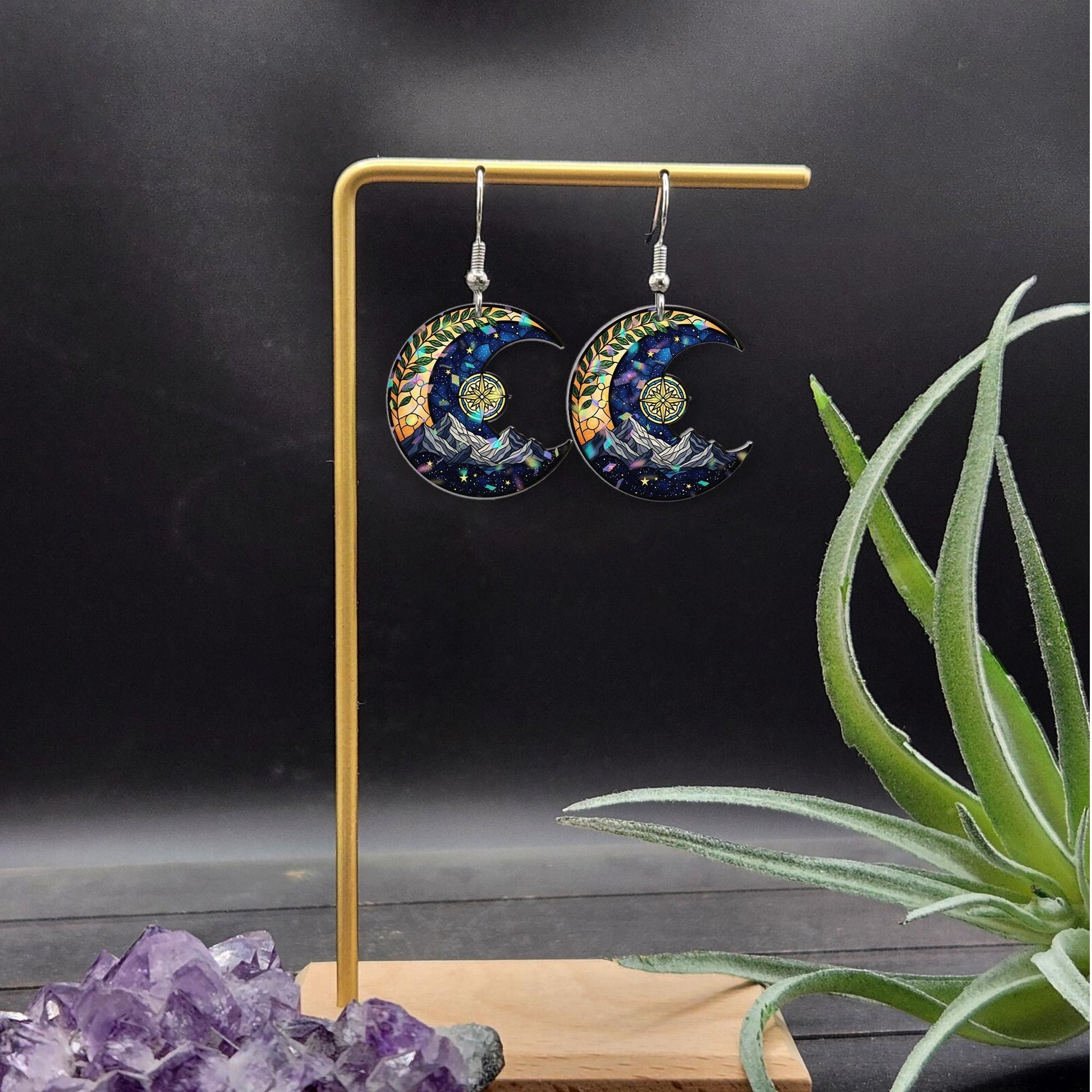 Crescent Moon Mountain Earrings – Night Sky Compass Dangle Jewelry, Nature Lover Gift, Faux Stained Glass Starry Boho Accessories