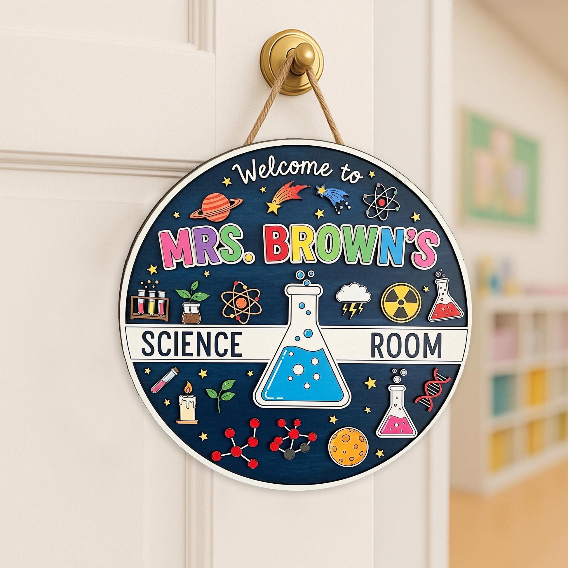 Personalized Science Room Sign, 2 Layer Teacher Door Decor, Custom Classroom Lab Sign, Mrs Brown STEM Gift, Wooden Teacher Plaque