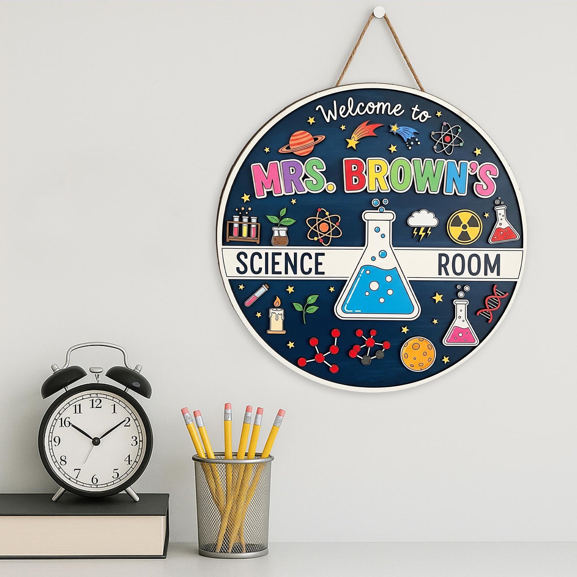 Personalized Science Room Sign, 2 Layer Teacher Door Decor, Custom Classroom Lab Sign, Mrs Brown STEM Gift, Wooden Teacher Plaque