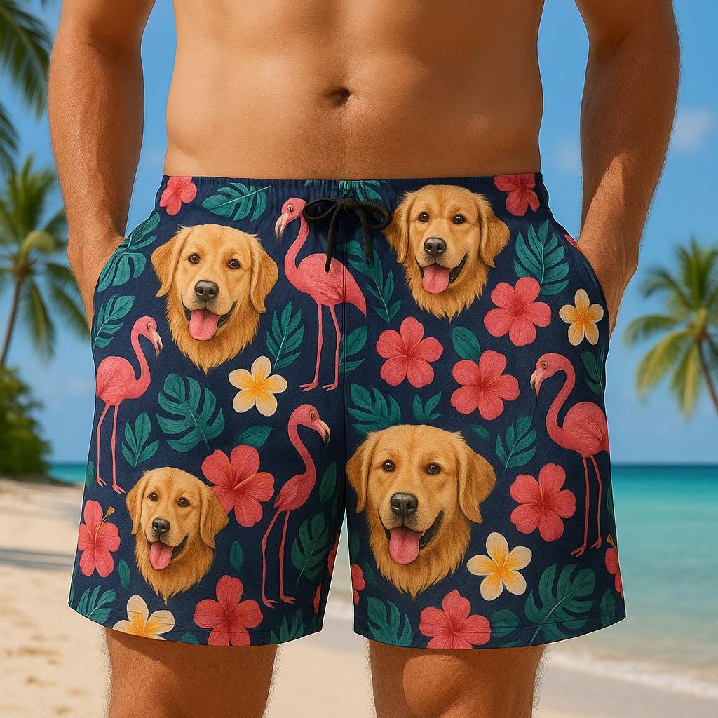 Custom Dog Face Hawaiian Unisex Shorts, Pet Photo Flamingo Swim Trunks, Funny Tropical Beachwear, Personalized Summer Gift for Dog Dad