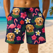 Custom Dog Face Hawaiian Unisex Shorts, Pet Photo Flamingo Swim Trunks, Funny Tropical Beachwear, Personalized Summer Gift for Dog Dad