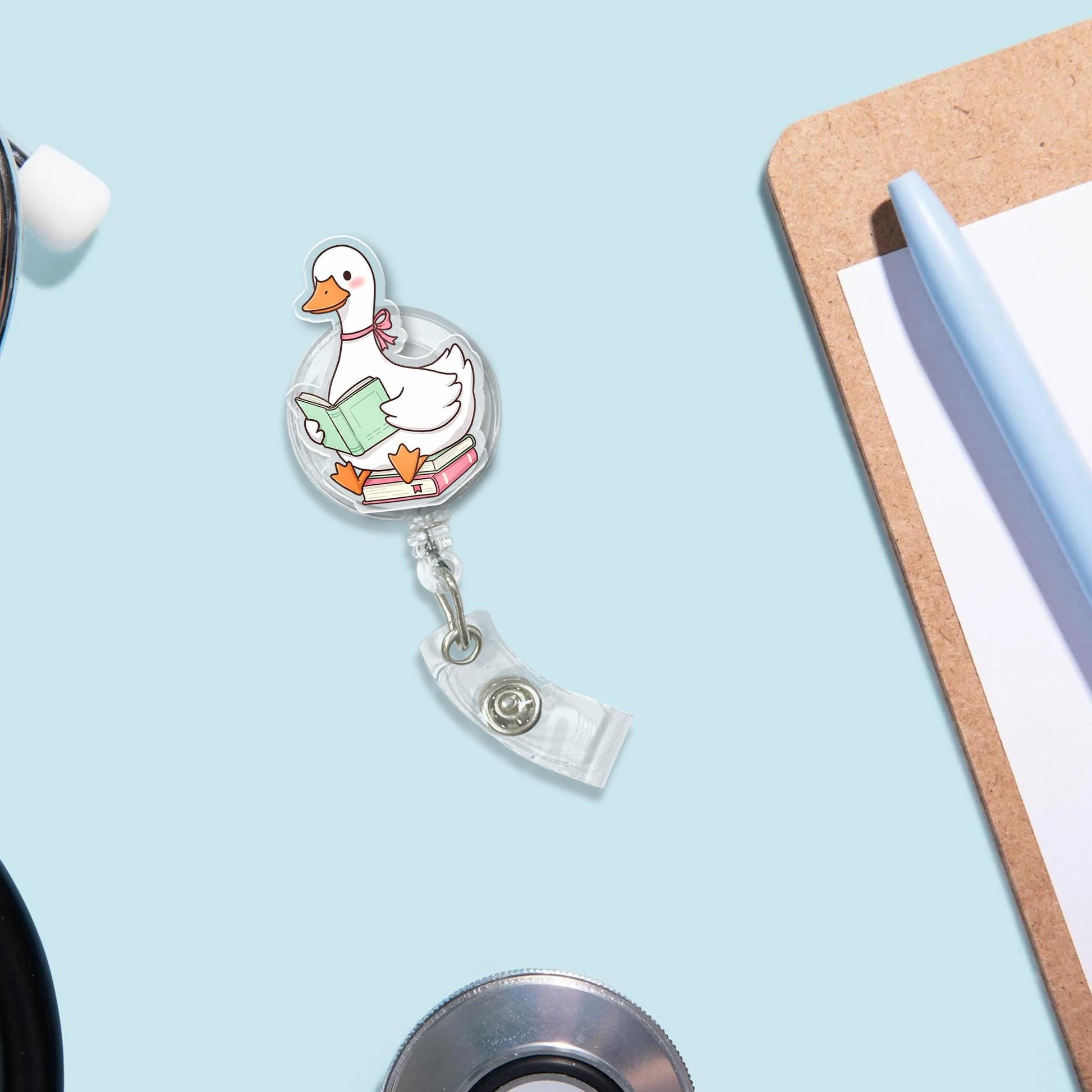 Coquette Silly Goose Badge Reel, Cute Bookish Duck ID Holder, Pink Bow Teacher Gift, Aesthetic Librarian Badge Clip for Her