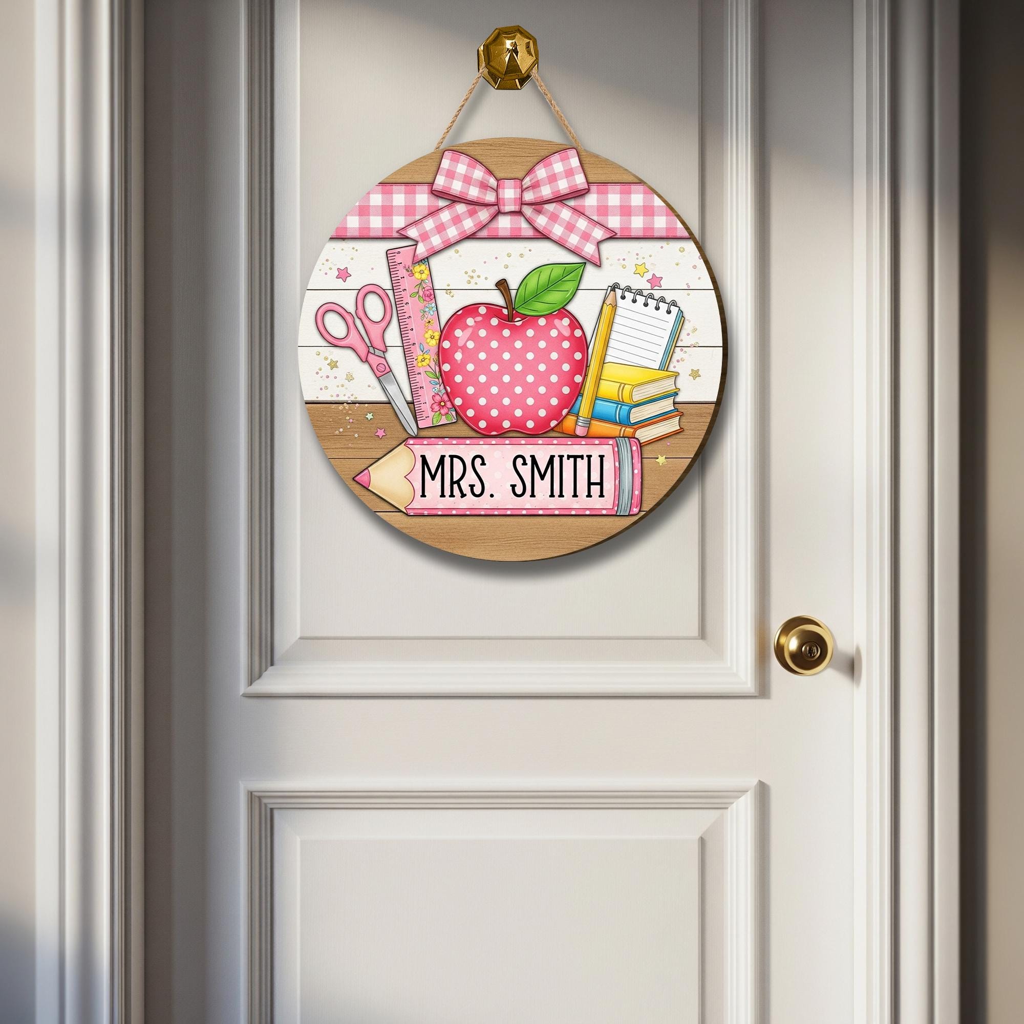 Coquette Teacher Door Sign, Personalized Classroom Decor with Apple and Books, Pink School Theme Wooden Sign, Back to School Gift