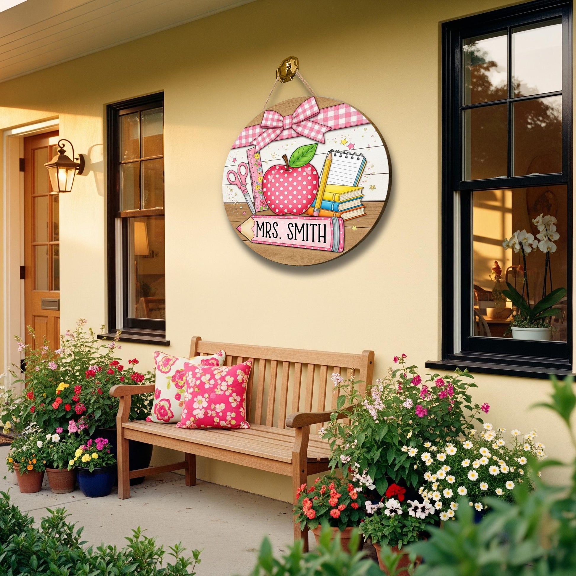 Coquette Teacher Door Sign, Personalized Classroom Decor with Apple and Books, Pink School Theme Wooden Sign, Back to School Gift