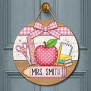 Coquette Teacher Door Sign, Personalized Classroom Decor with Apple and Books, Pink School Theme Wooden Sign, Back to School Gift