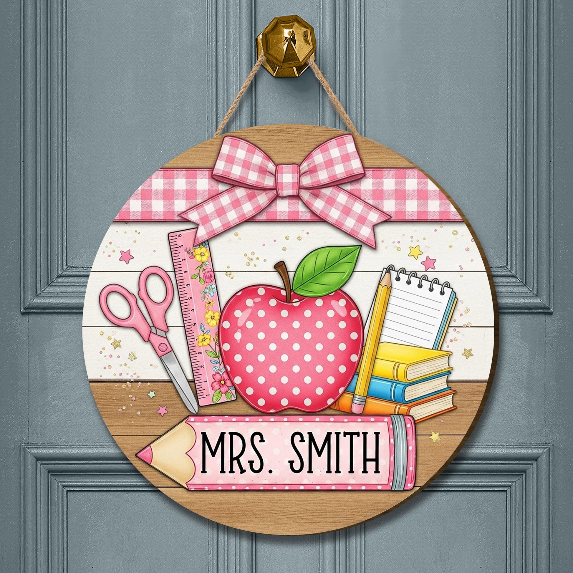 Coquette Teacher Door Sign, Personalized Classroom Decor with Apple and Books, Pink School Theme Wooden Sign, Back to School Gift
