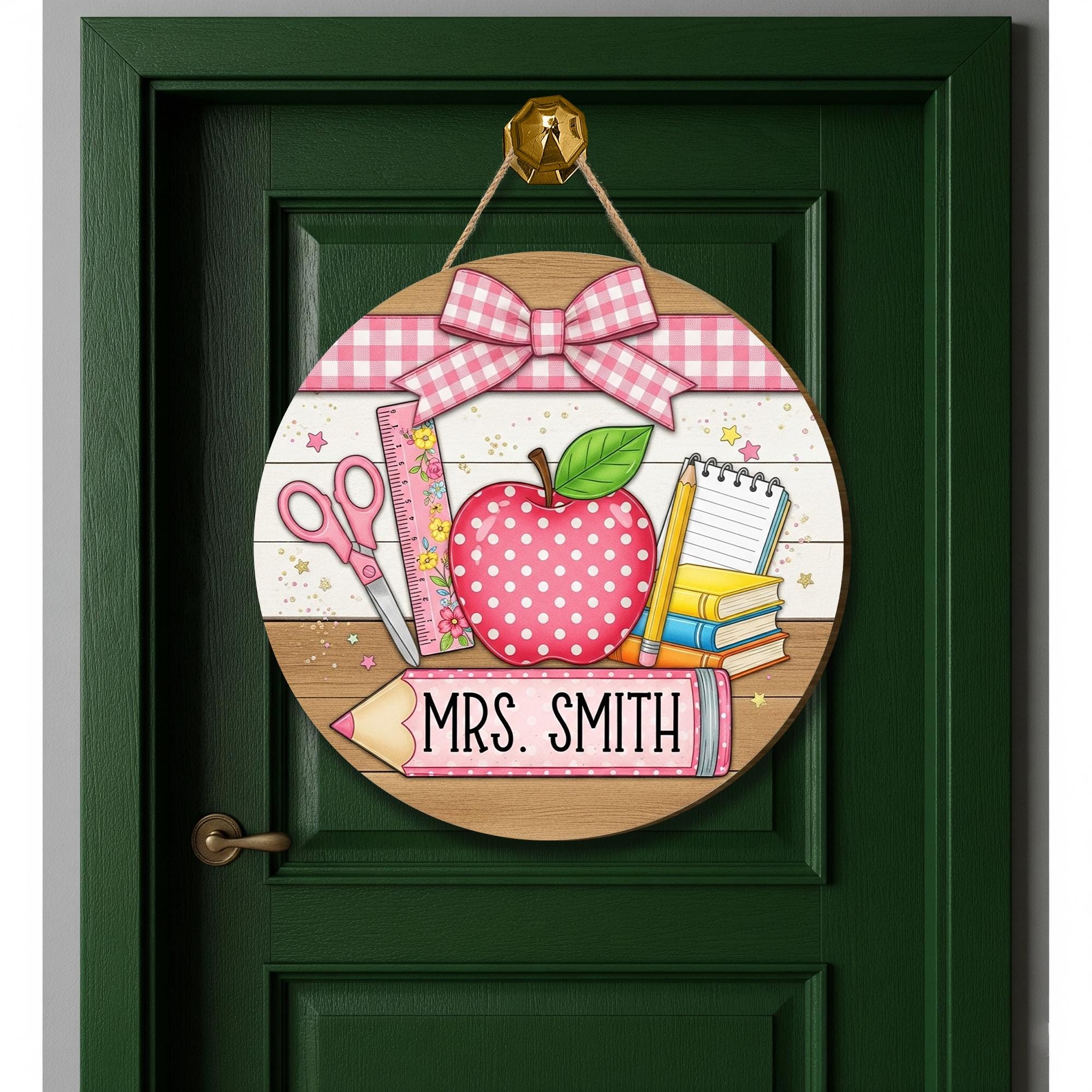 Coquette Teacher Door Sign, Personalized Classroom Decor with Apple and Books, Pink School Theme Wooden Sign, Back to School Gift