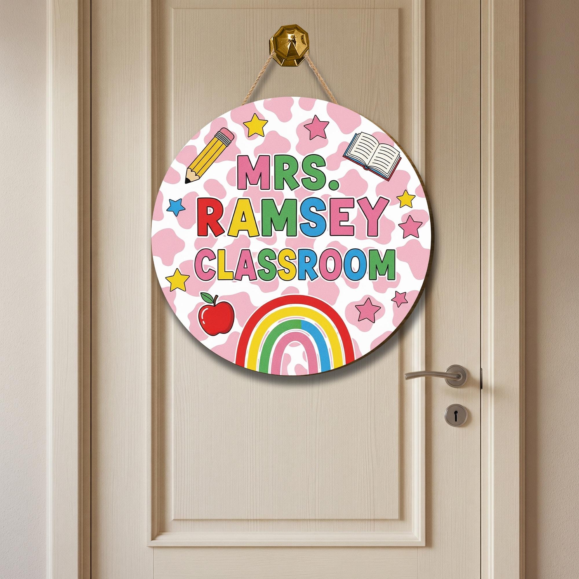 Colorful Classroom Door Sign, Personalized Teacher Name Sign with Rainbow and Stars, Cute School Decor, Back to School Gift