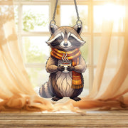 Cozy Raccoon Window Hanging – Autumn Animal Suncatcher with Scarf & Coffee – Cute Fall Decor for Kitchen, Nursery, or Living Room