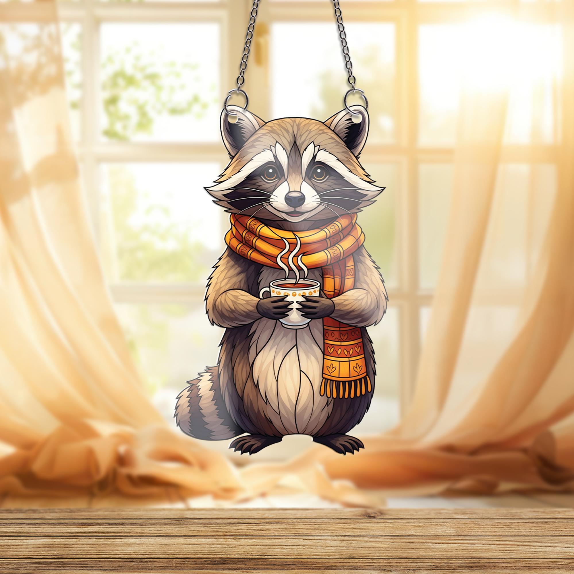 Cozy Raccoon Window Hanging – Autumn Animal Suncatcher with Scarf & Coffee – Cute Fall Decor for Kitchen, Nursery, or Living Room