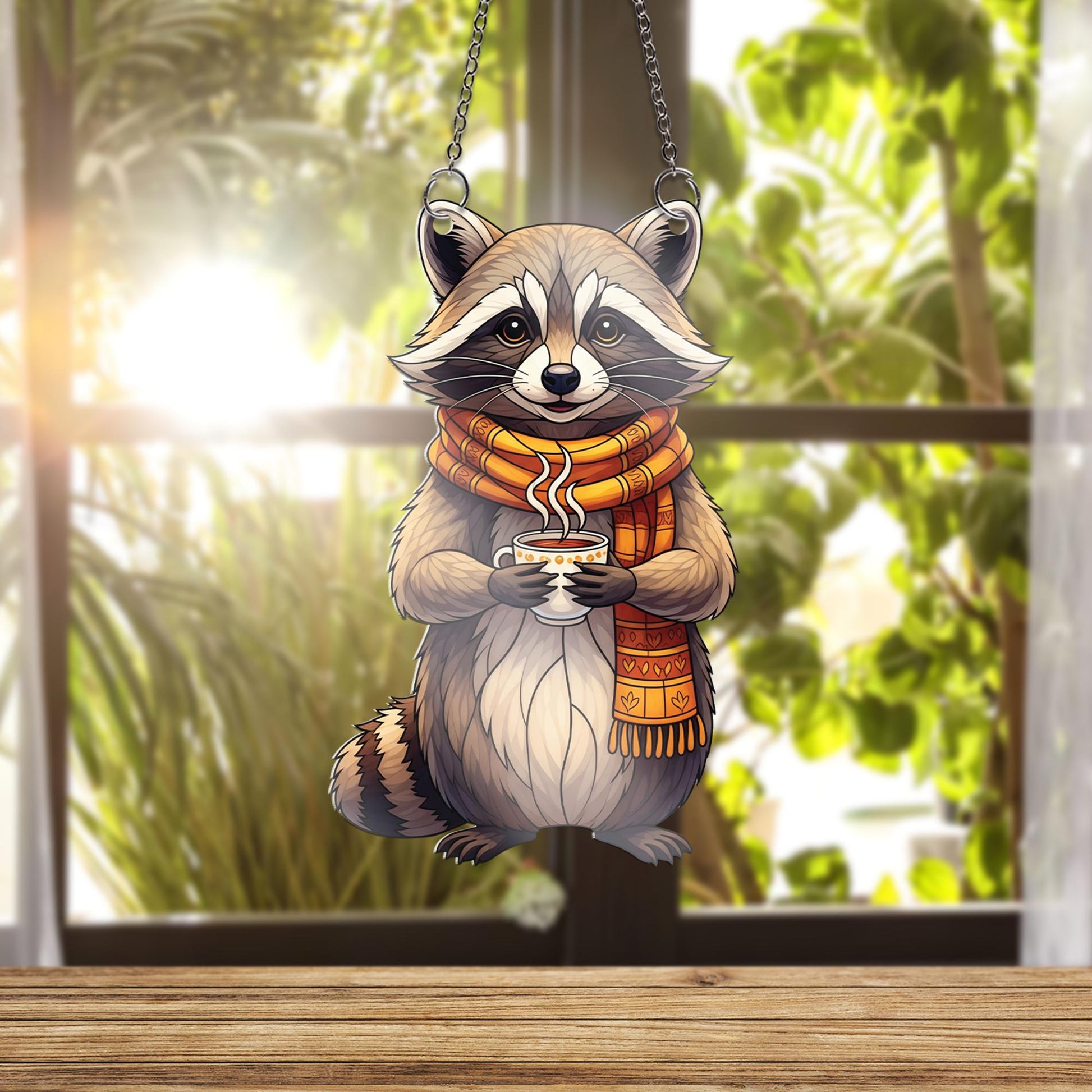 Cozy Raccoon Window Hanging – Autumn Animal Suncatcher with Scarf & Coffee – Cute Fall Decor for Kitchen, Nursery, or Living Room