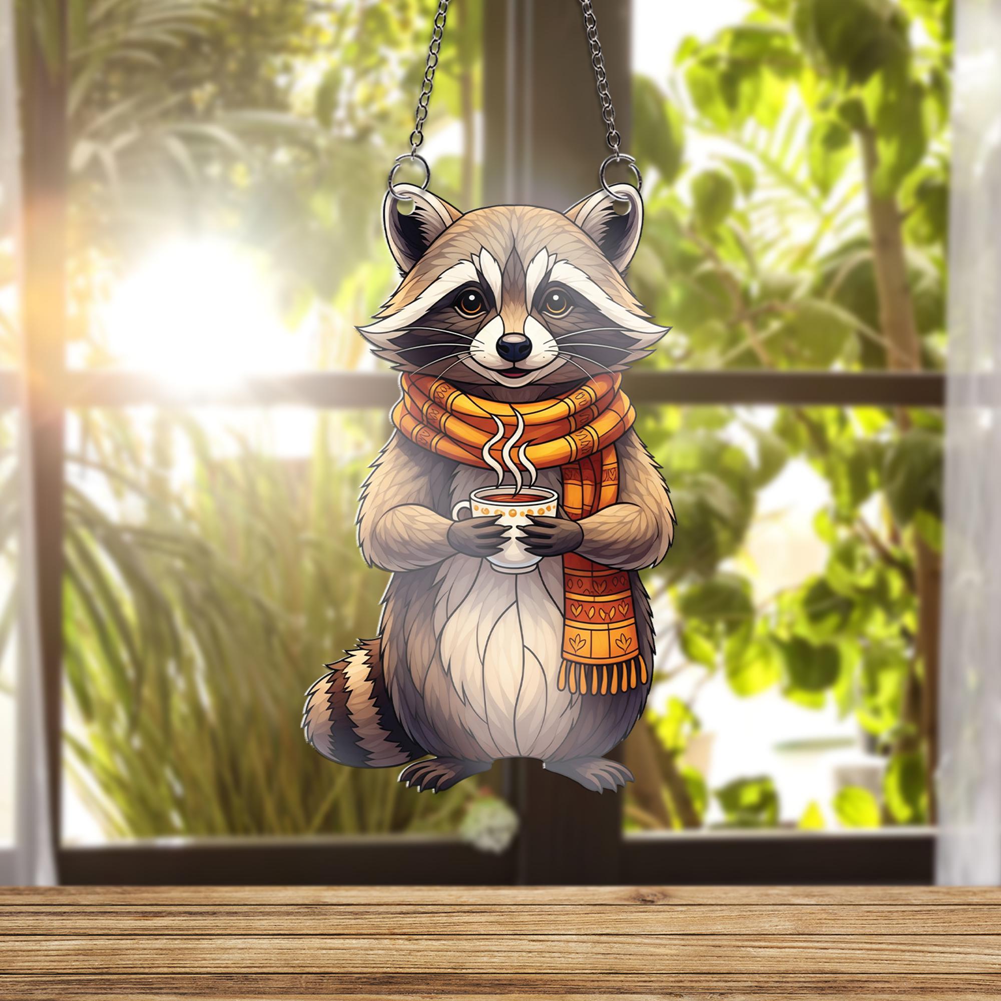 Cozy Raccoon Window Hanging – Autumn Animal Suncatcher with Scarf & Coffee – Cute Fall Decor for Kitchen, Nursery, or Living Room