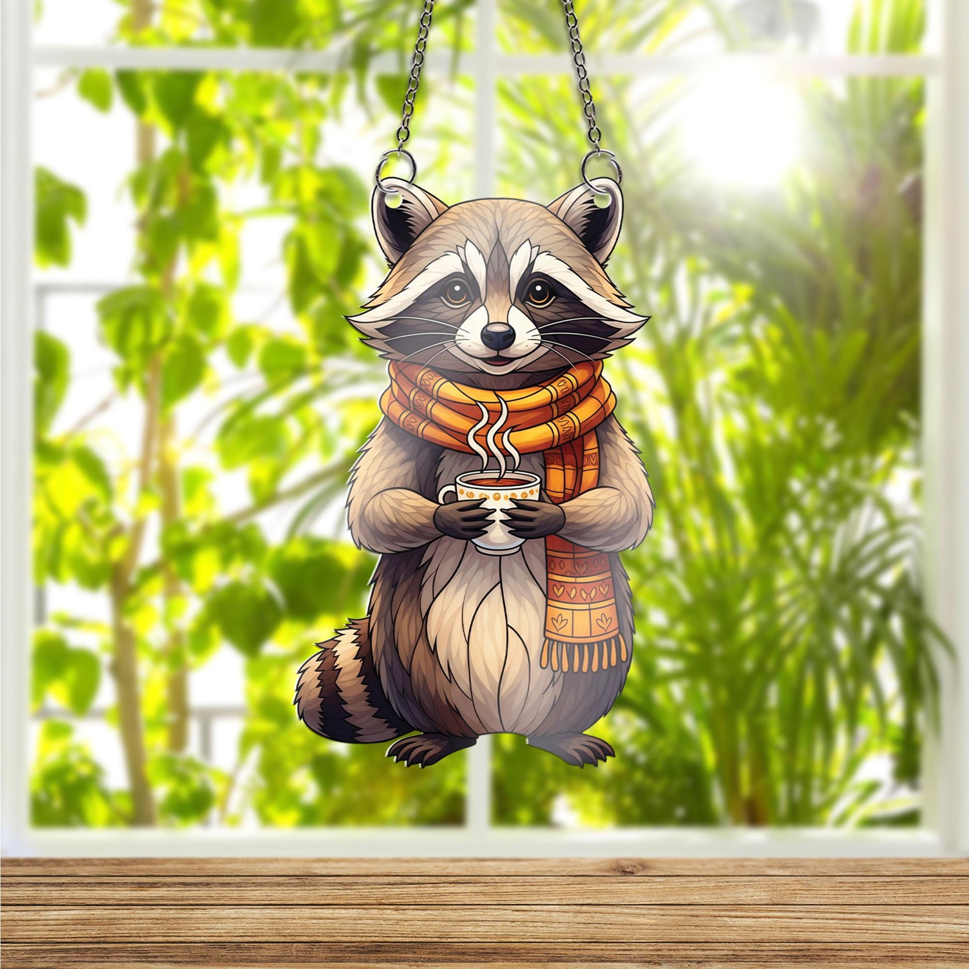 Cozy Raccoon Window Hanging – Autumn Animal Suncatcher with Scarf & Coffee – Cute Fall Decor for Kitchen, Nursery, or Living Room