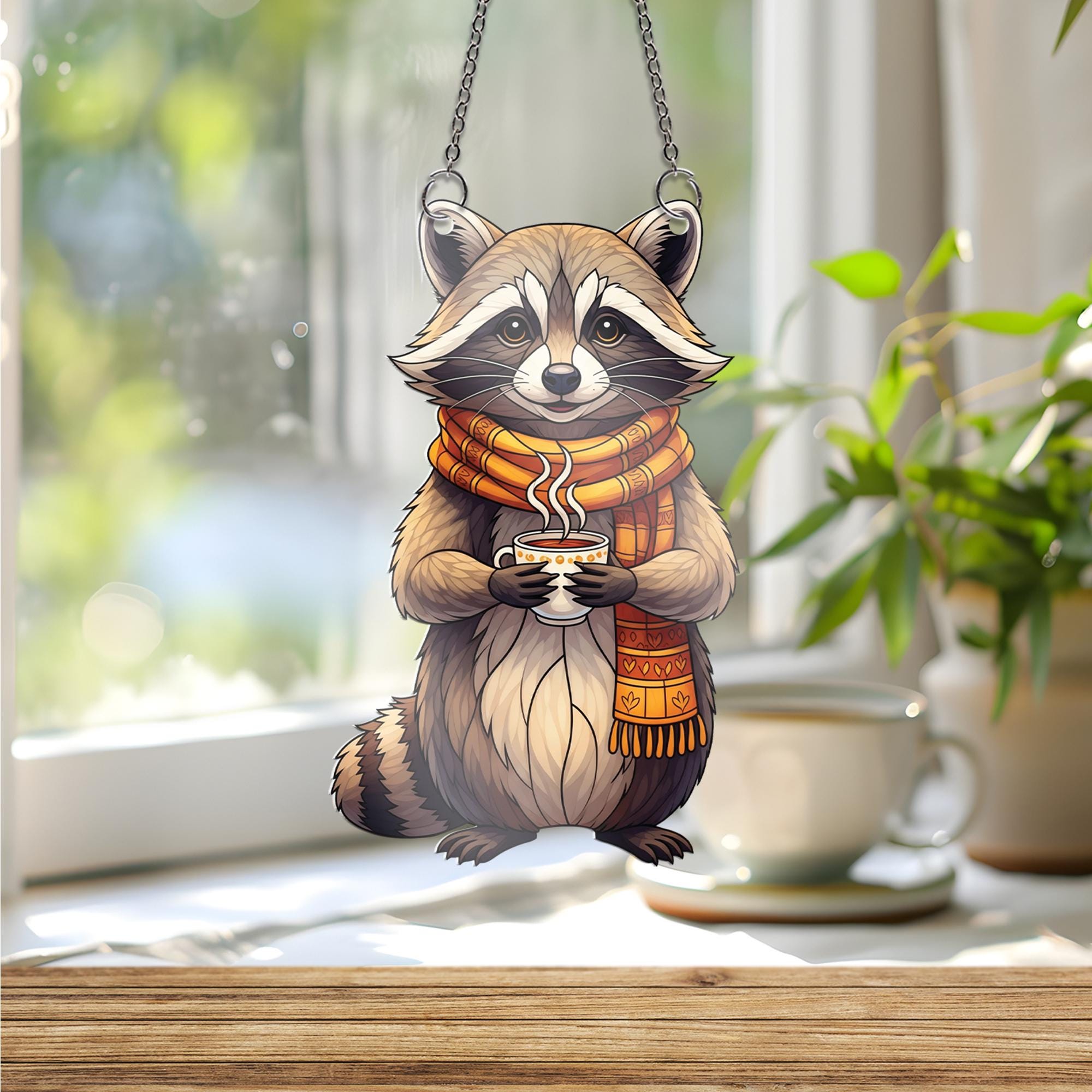 Cozy Raccoon Window Hanging – Autumn Animal Suncatcher with Scarf & Coffee – Cute Fall Decor for Kitchen, Nursery, or Living Room