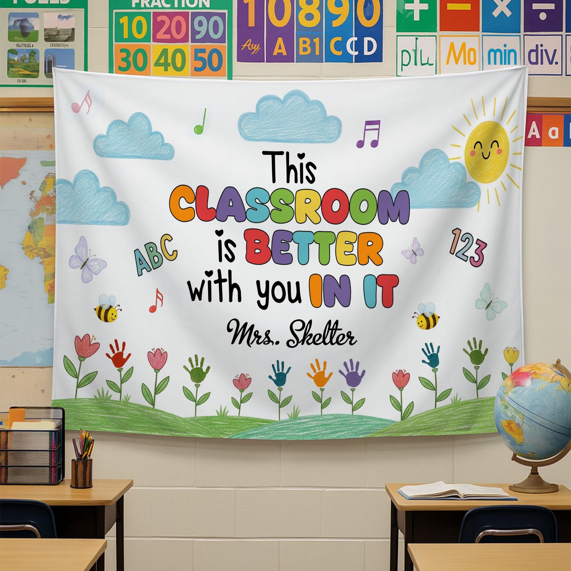 Custom Classroom Tapestry – Back to School Wall Decor for Kindergarten – DIY Handprint Flowers Craft Banner for Kids – Teacher Welcome Sign