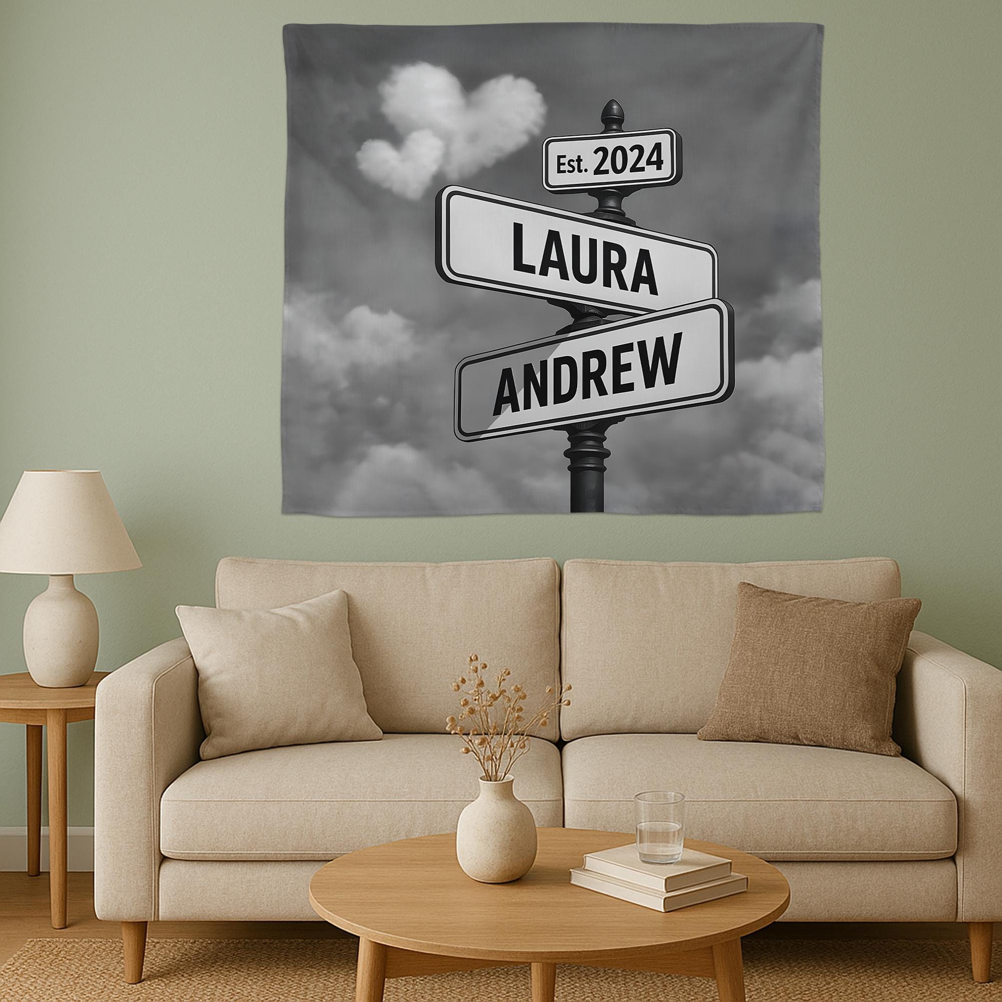 Custom Couple Street Sign Tapestry, Personalized Wall Art with Names & Est. Date, Romantic Gift for Anniversary, Wedding, or Home