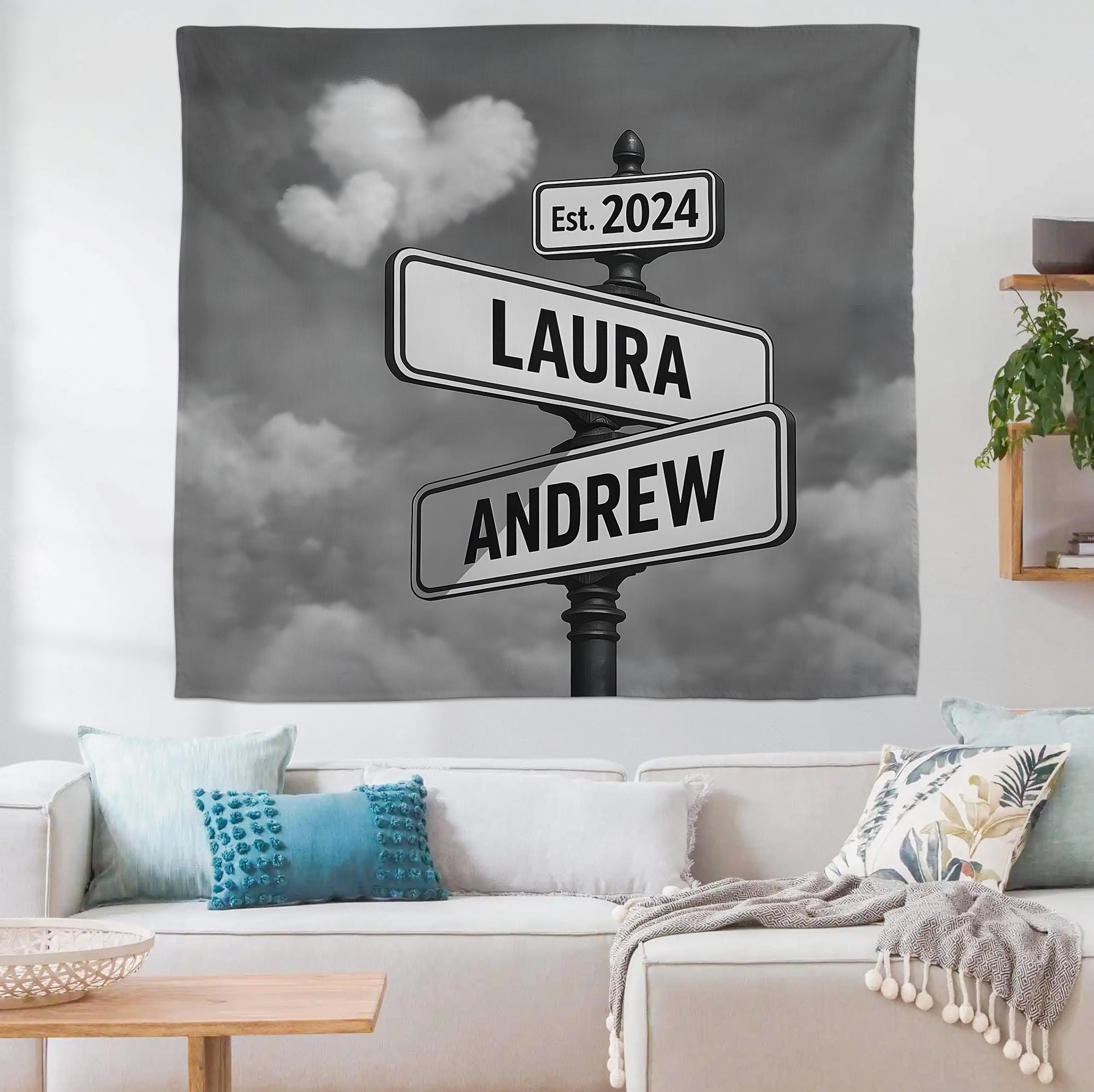 Custom Couple Street Sign Tapestry, Personalized Wall Art with Names & Est. Date, Romantic Gift for Anniversary, Wedding, or Home