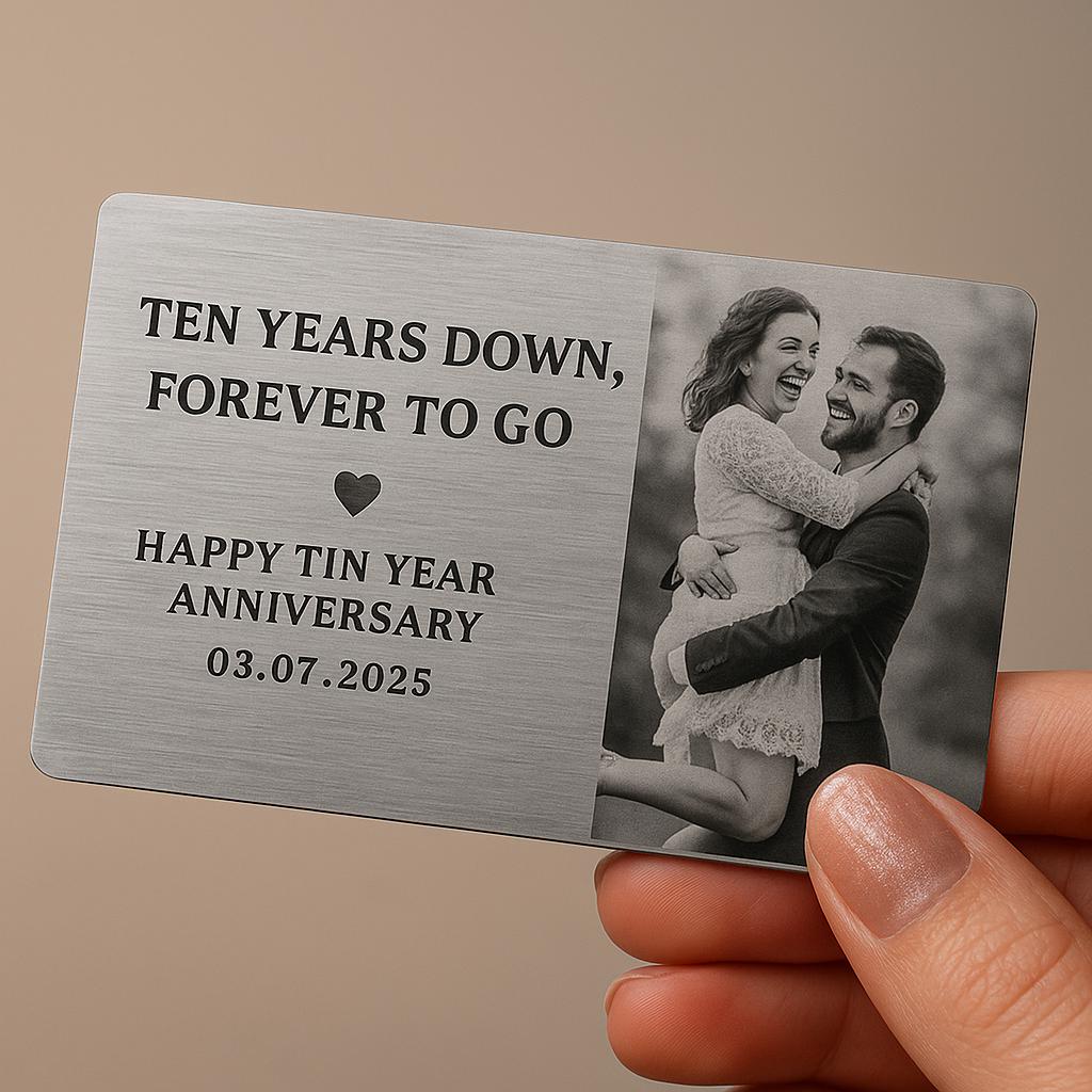 Custom 10 Year Anniversary Wallet Card, Metal Photo Card Gift, Tin Anniversary for Husband or Wife, Forever Love Keepsake
