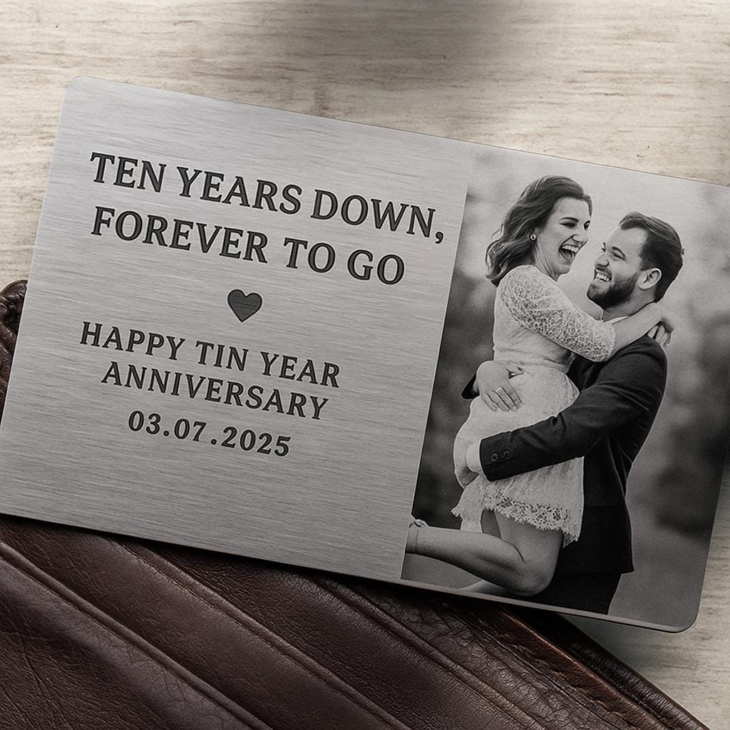 Custom 10 Year Anniversary Wallet Card, Metal Photo Card Gift, Tin Anniversary for Husband or Wife, Forever Love Keepsake
