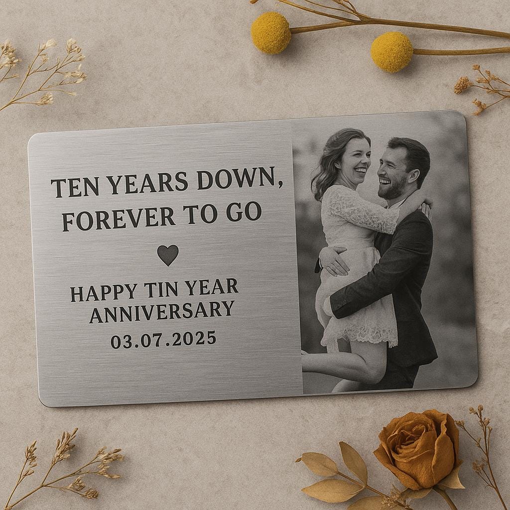 Custom 10 Year Anniversary Wallet Card, Metal Photo Card Gift, Tin Anniversary for Husband or Wife, Forever Love Keepsake
