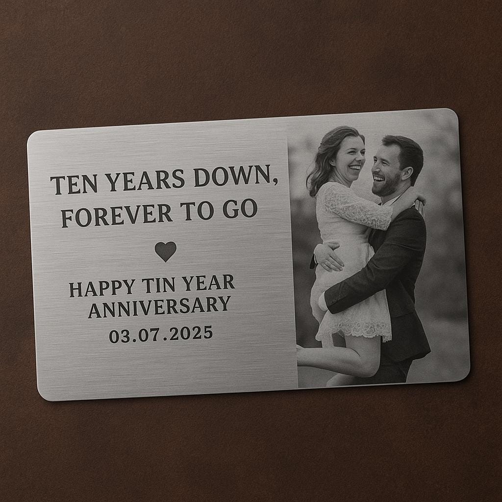 Custom 10 Year Anniversary Wallet Card, Metal Photo Card Gift, Tin Anniversary for Husband or Wife, Forever Love Keepsake